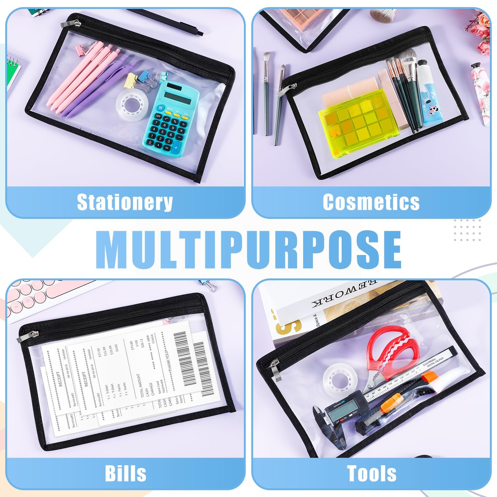 Clear PVC Zipper Pouches Waterproof Makeup Pencil Document File 7×11.4 In 8 PCS