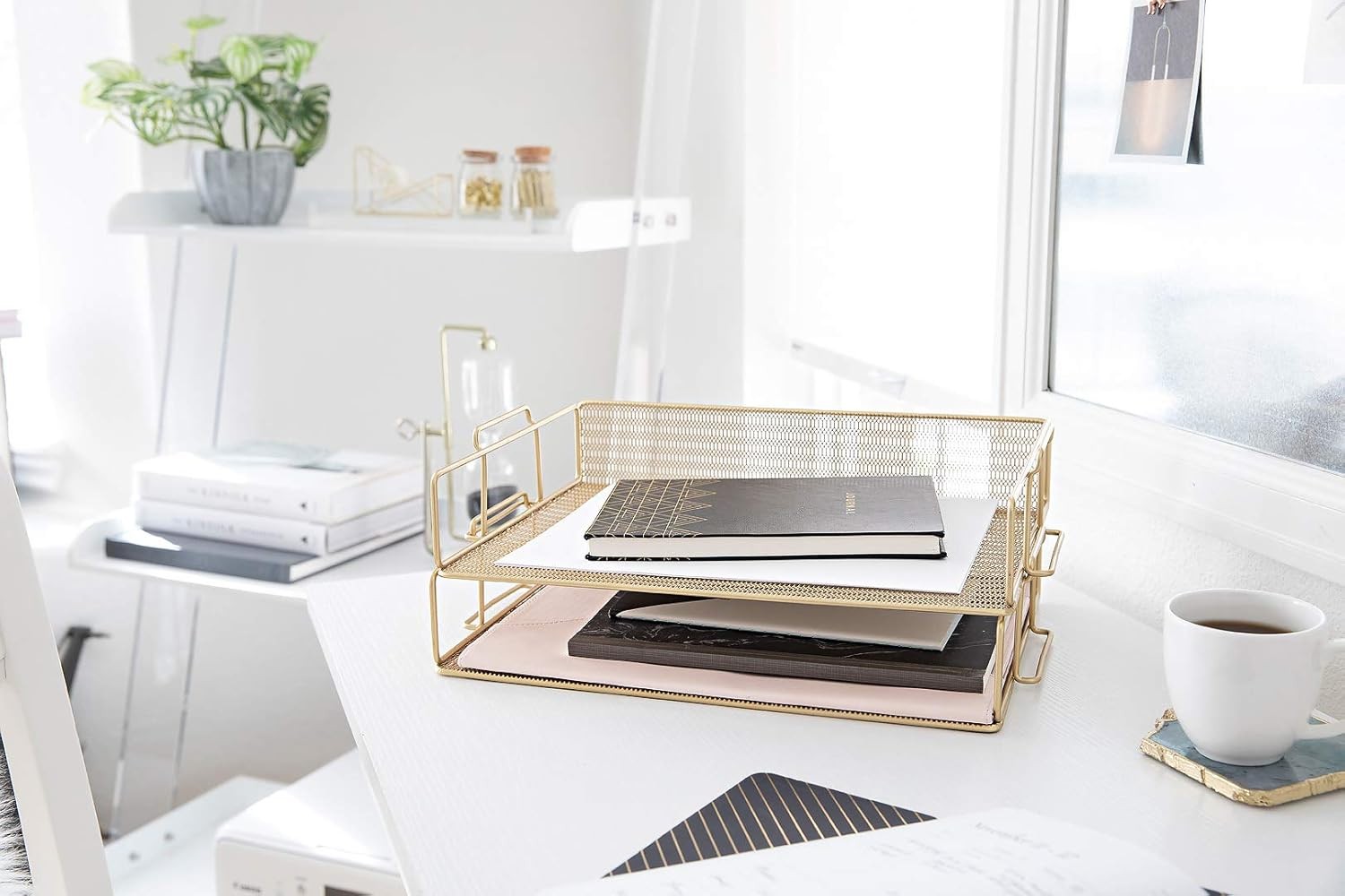 BLU MONACO | Paper Tray Stackable Gold Mesh Set of 2 | Stackable File Trays for