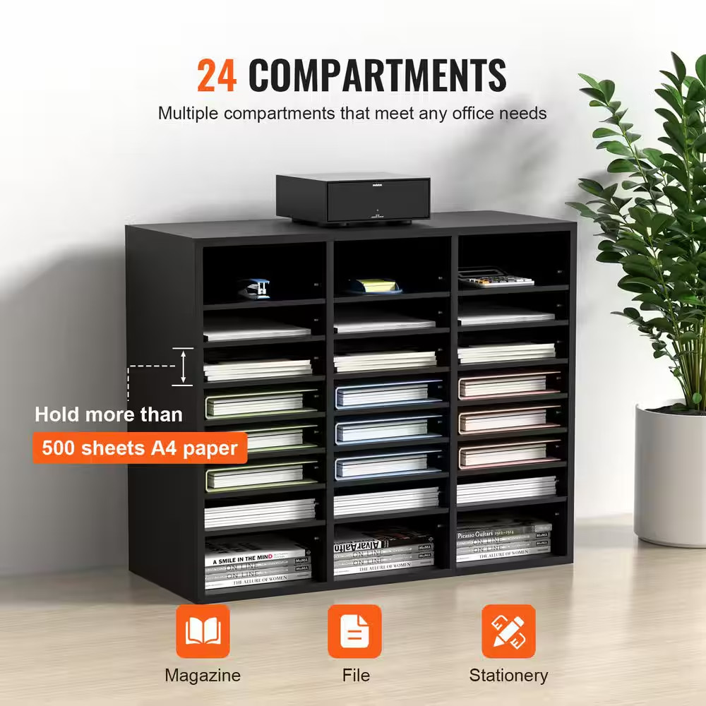 Wood Literature Organizer, 24 Compartments, 12 In. File Sorter with Removable Sh