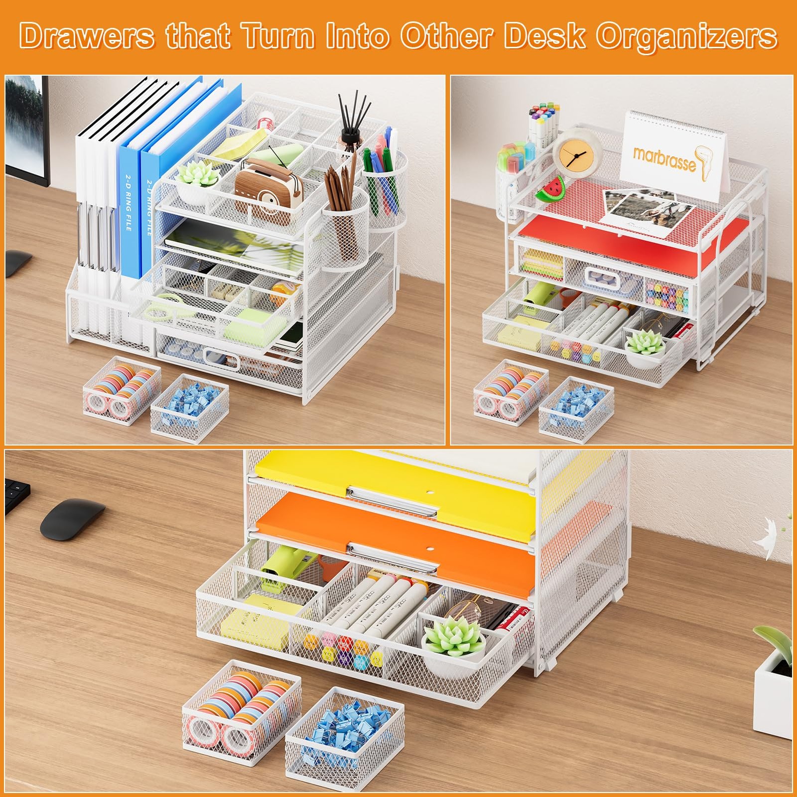 3 PCS White Desk Drawer Organizer Tray 9 Adjustable Compartments Vanity