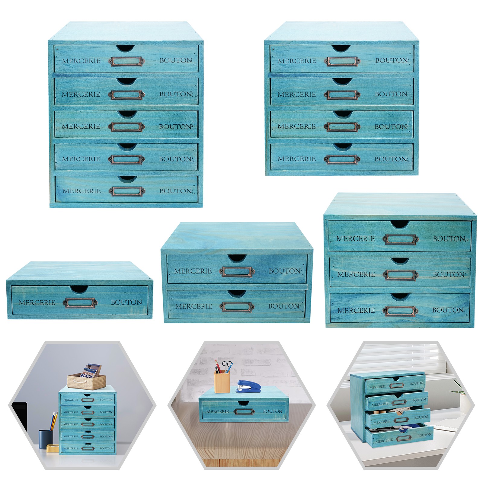 Five-Piece Set Pine Wood Desktop Drawers Vintage Wooden Desktop Organizer Blue
