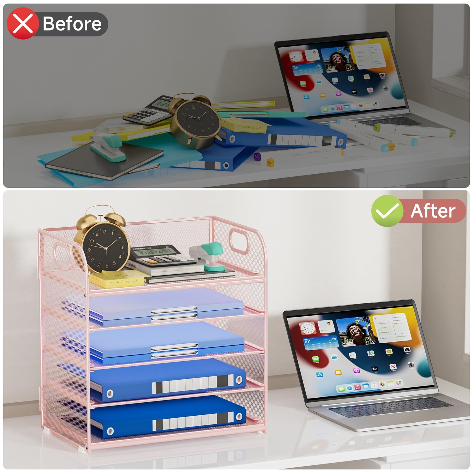5-Tier Stackable Paper Organizer Handle Pink Metal Mesh Letter Tray File Desk
