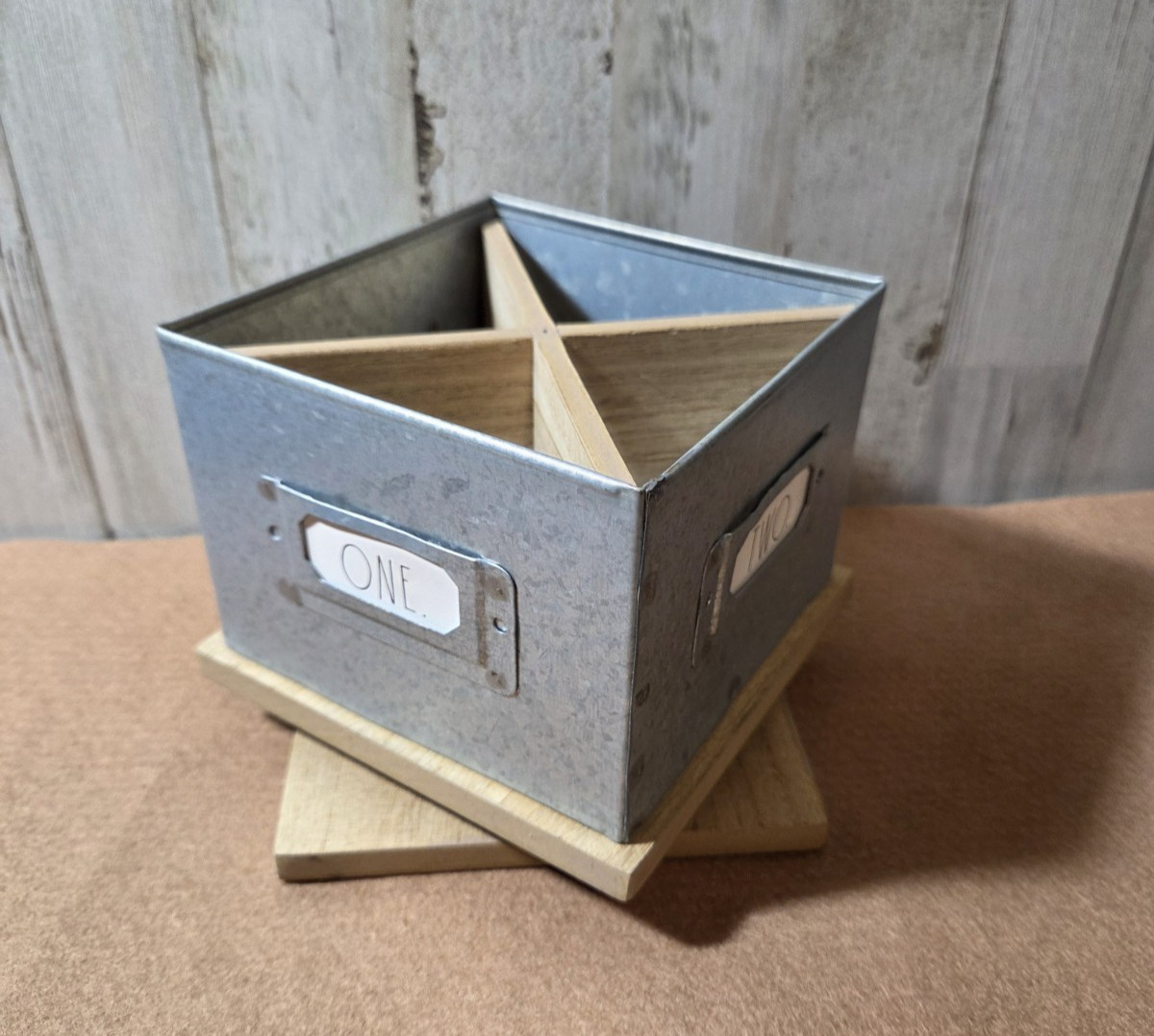 Rae Dunn Natural Wood & Galvanized Metal Turntable Desk Organizer Farmhouse