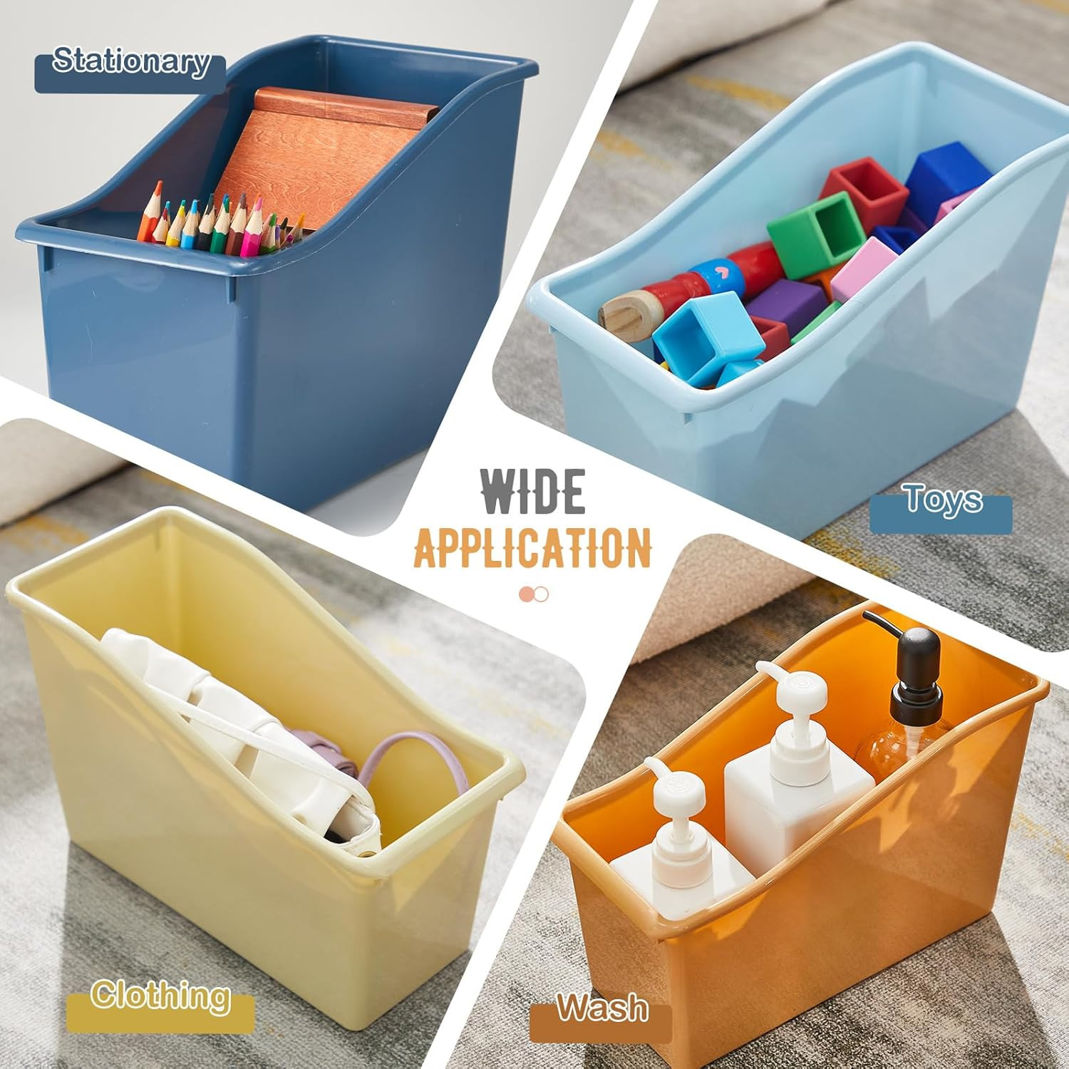 6 Pcs Book Bin for Classroom with Labels Stackable Plastic Organizing Bins 11.5