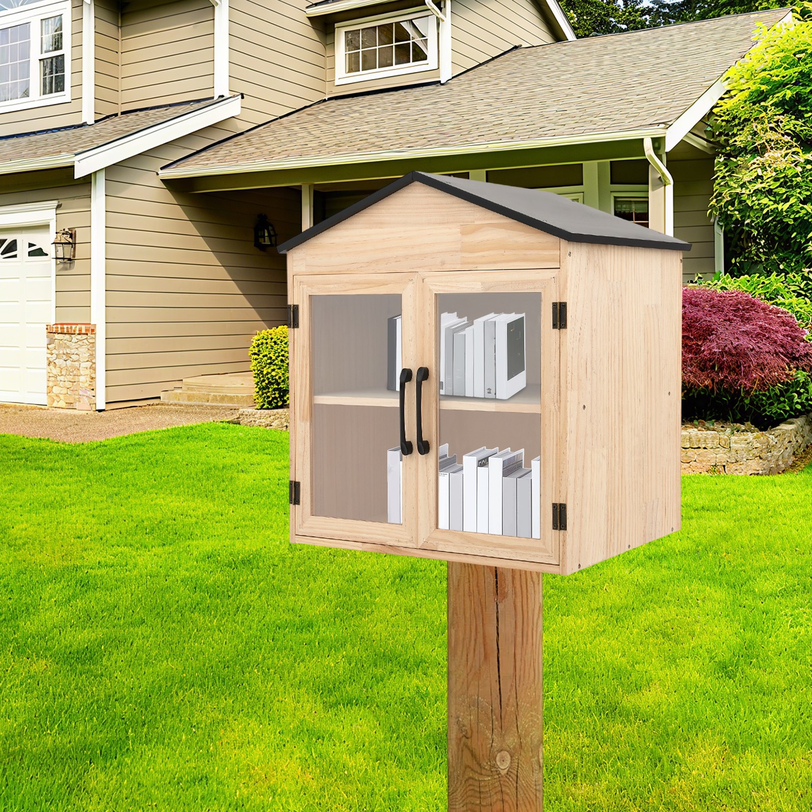 Outdoor Library Book Box Storage Wood Color Wooden Cabinet Little Literature Box