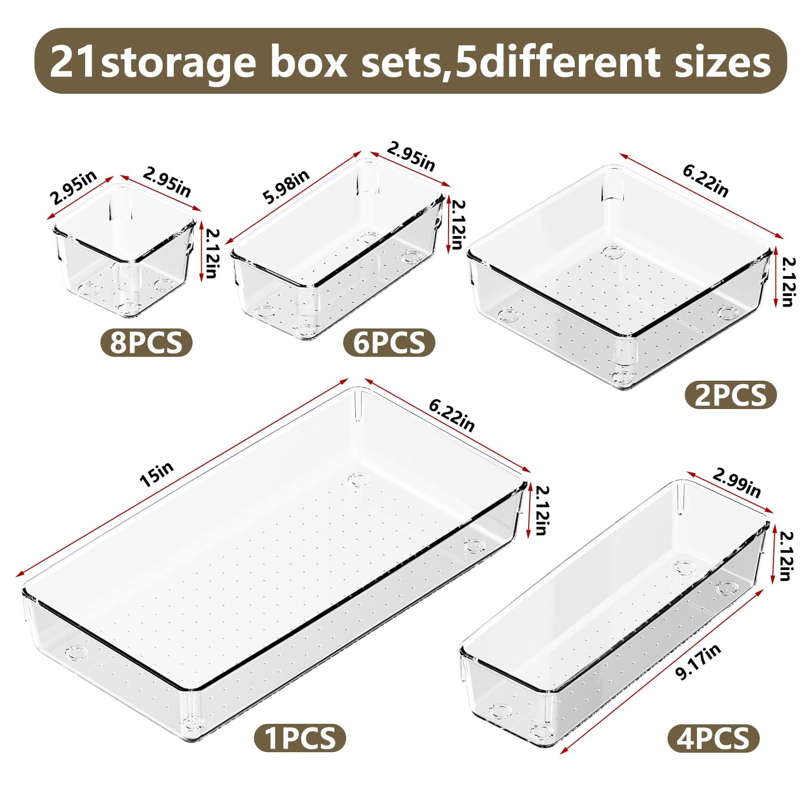 Maxset 21 PCS Clear Plastic Drawer Organizer Set with 15 Inch Extra