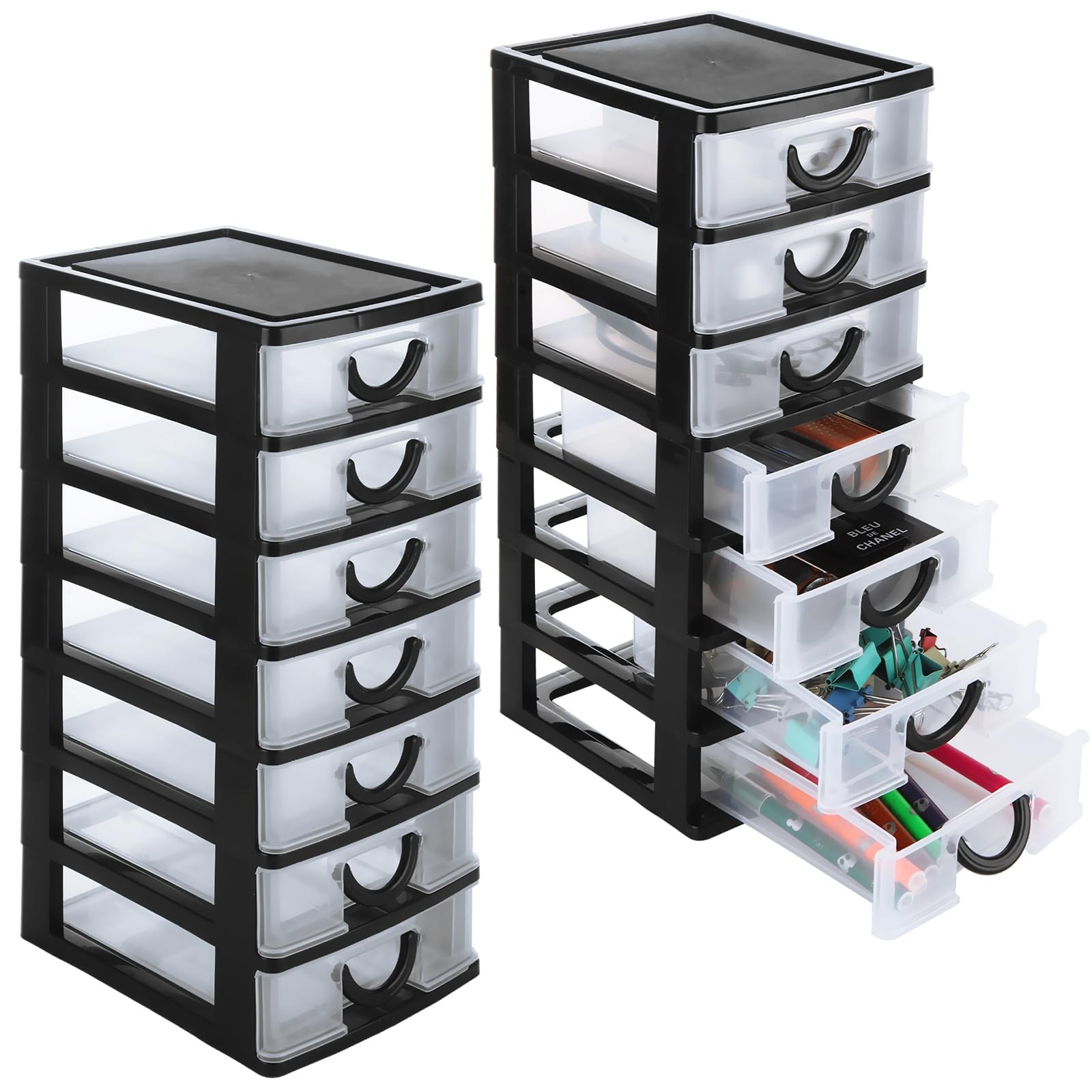 LOLYSIC 2 Pack Plastic Drawers for Desktop Small 7.1×5.1×13.2 inches, black