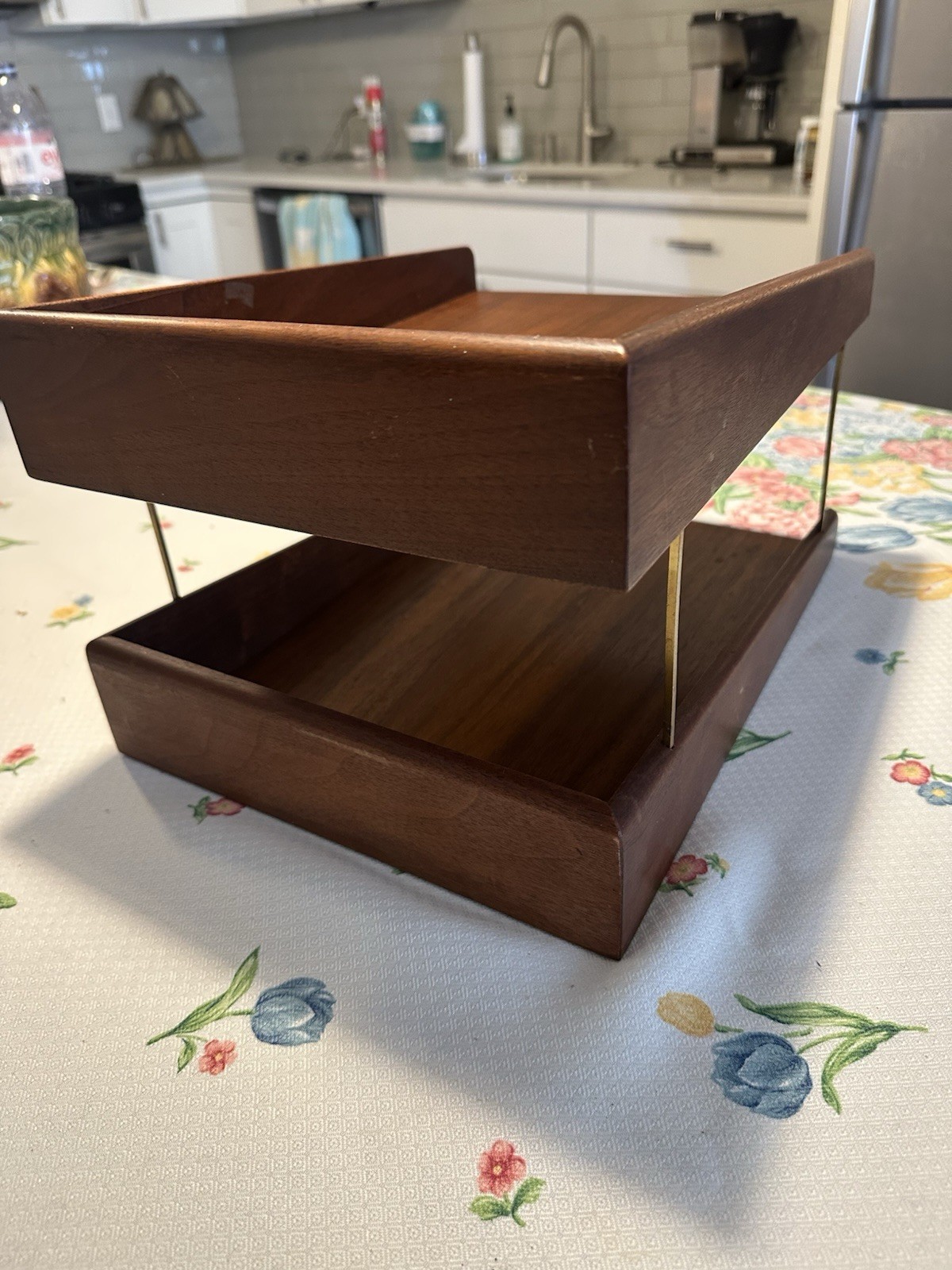 Vintage 60s MCM Midcentury Two Tier Walnut Letter Tray Brass File Holder Wooden