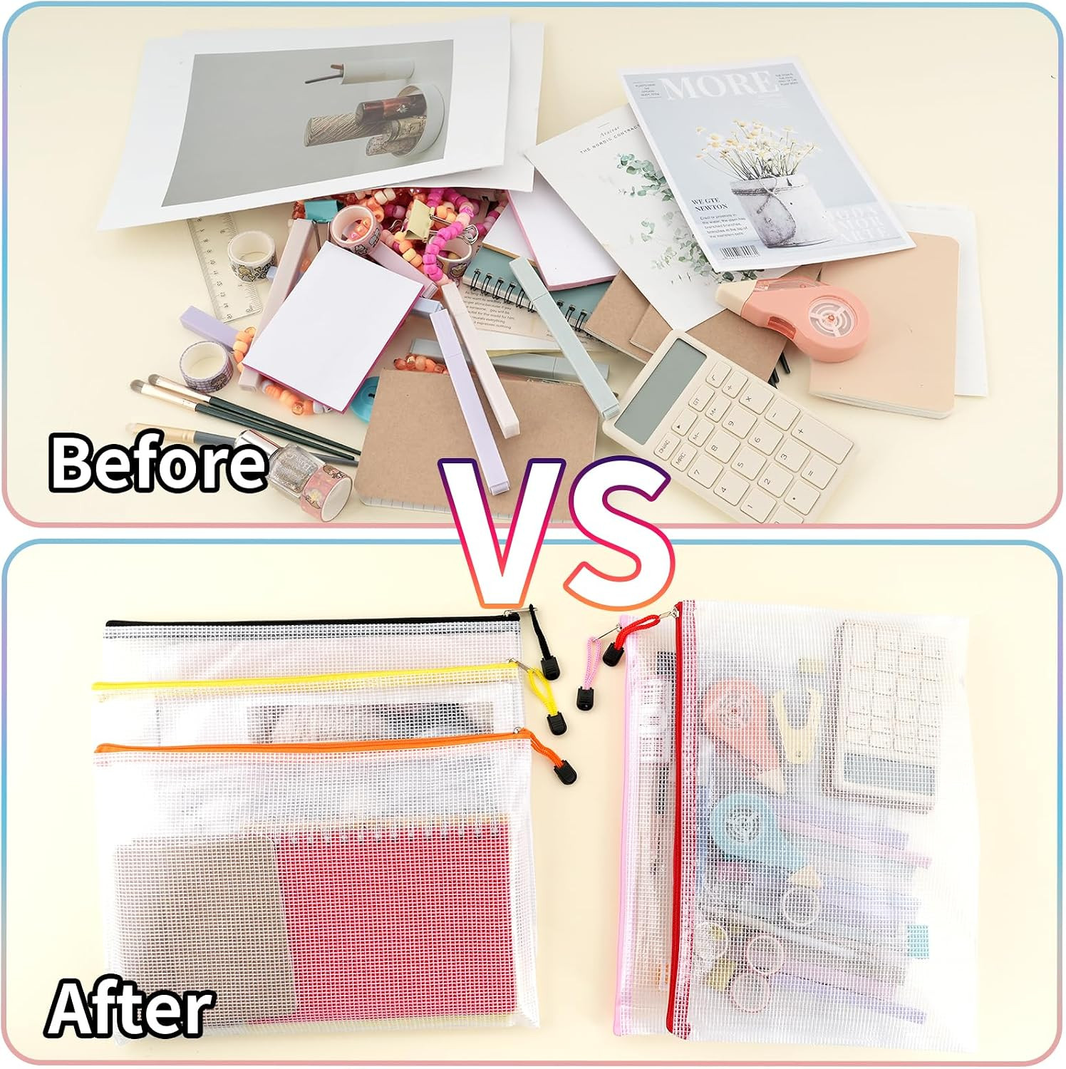 EOOUT 100Pcs Mesh Zipper Pouch, A4 Size, 10 Colors Zipper Bags for Organizing