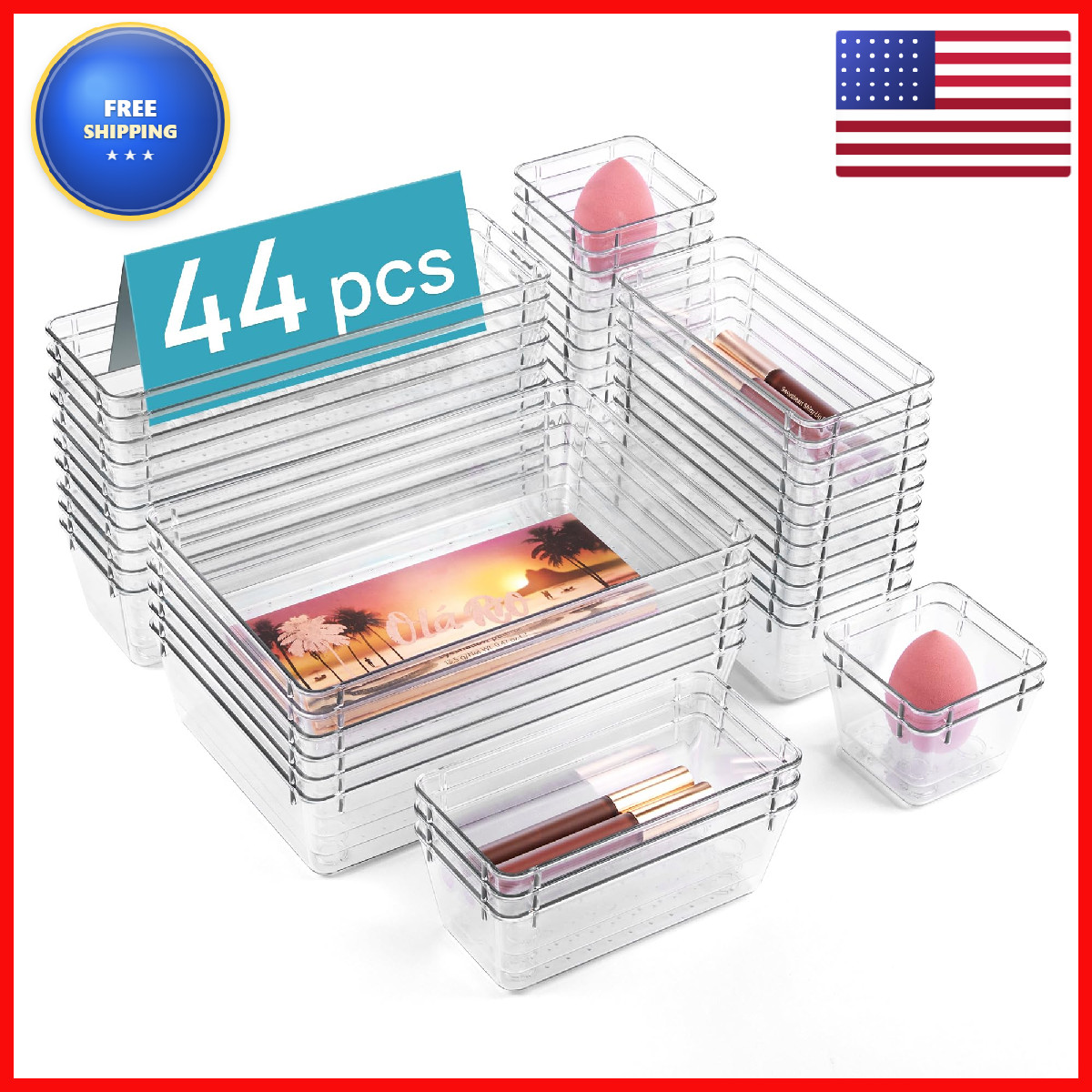 Vtopmart 44 Pcs Clear Plastic Drawer Organizers Set 4-Size Versatile Bathroom