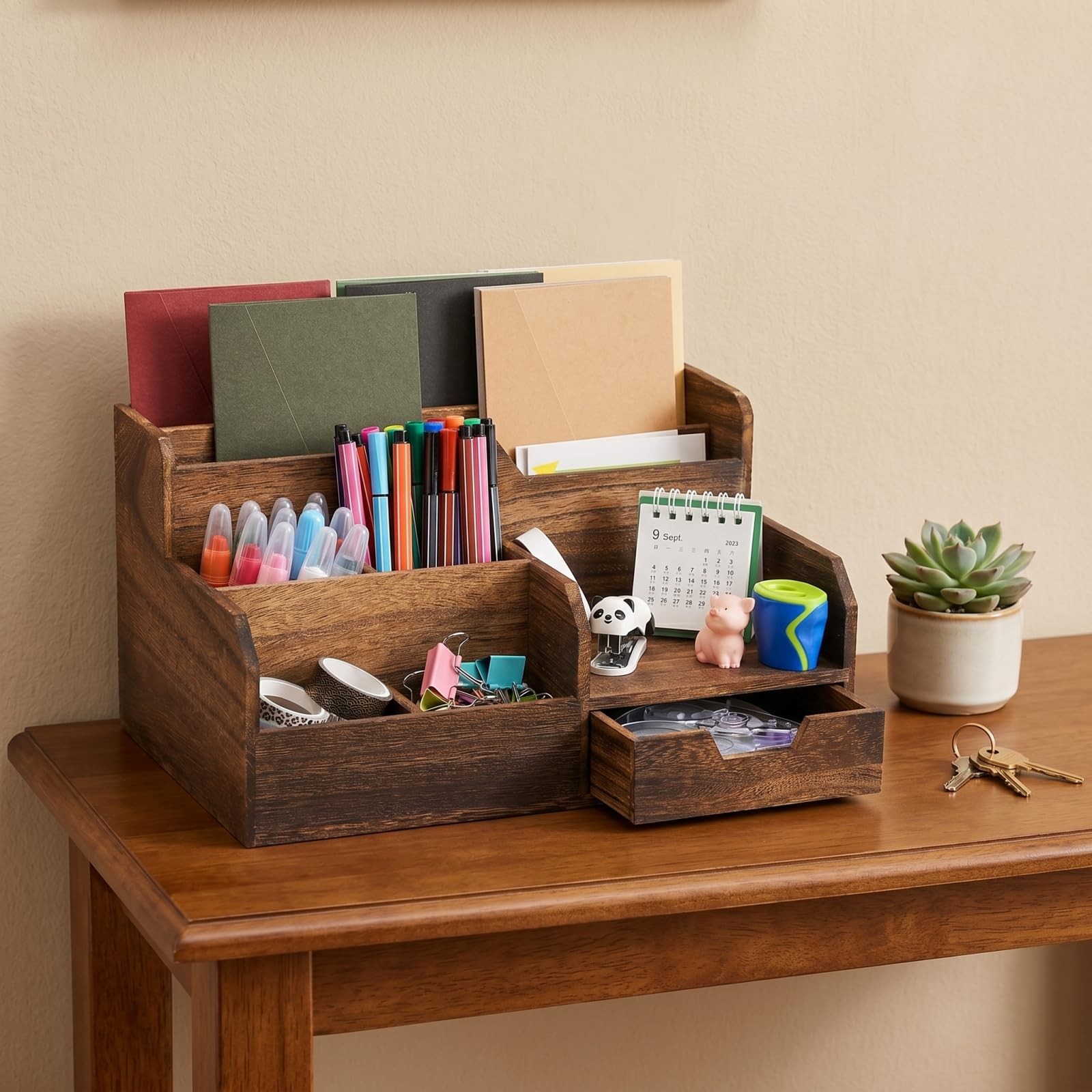 Pumtus Brown Wooden Desk Organizer, Mail Organizer with 7 Compartments