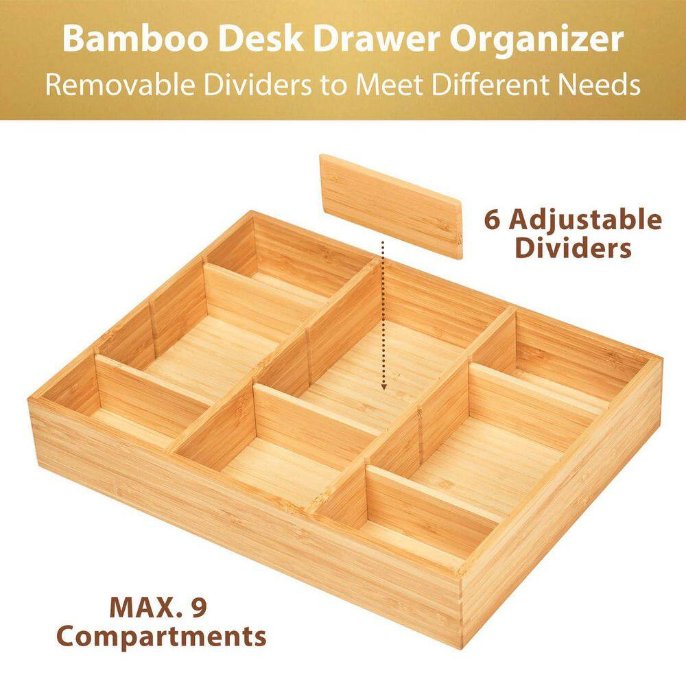 Natural Bamboo Desk Drawer Organizer with Adjustable Compartments, Office Storag