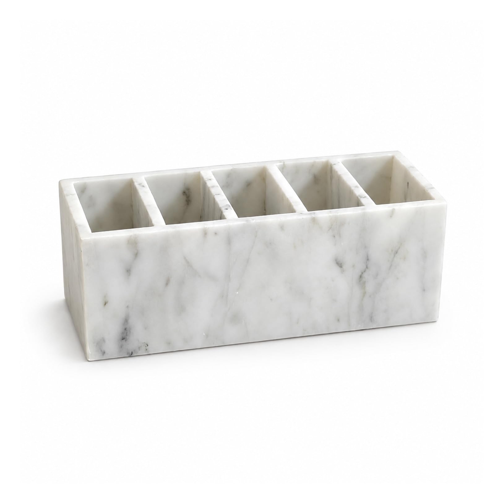 Natural White Marble 5-Compartment Desk Organizer for Pens & Brushes