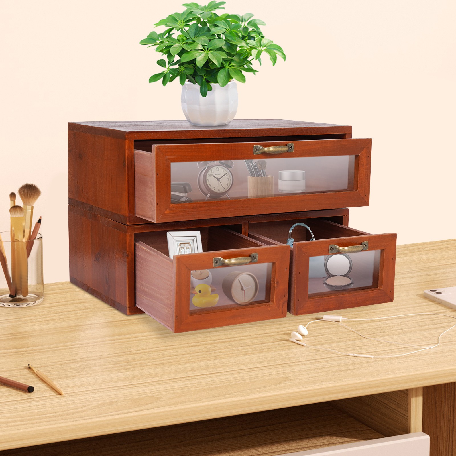 Vintage Desk Organizer Wooden Tabletop Storage Box with 3 Drawers for Office