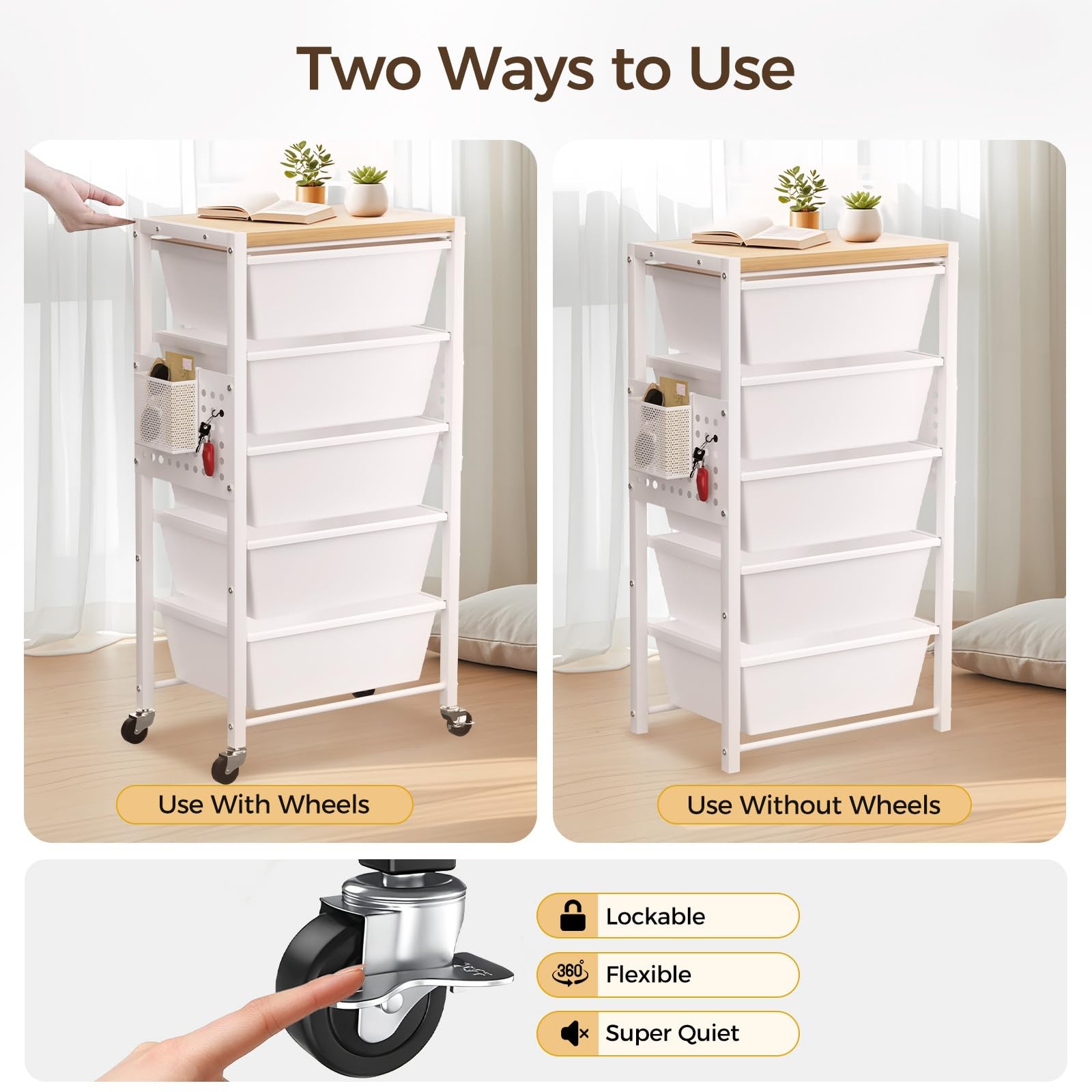 Rolling Cart with 4 Drawers, Plastic Drawer Storage 4-drawer, Bright White