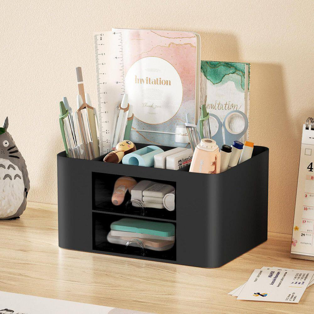 3 Compartments Pen Holder with 2 Drawers, Multi-Functional Desk Organizer for Of