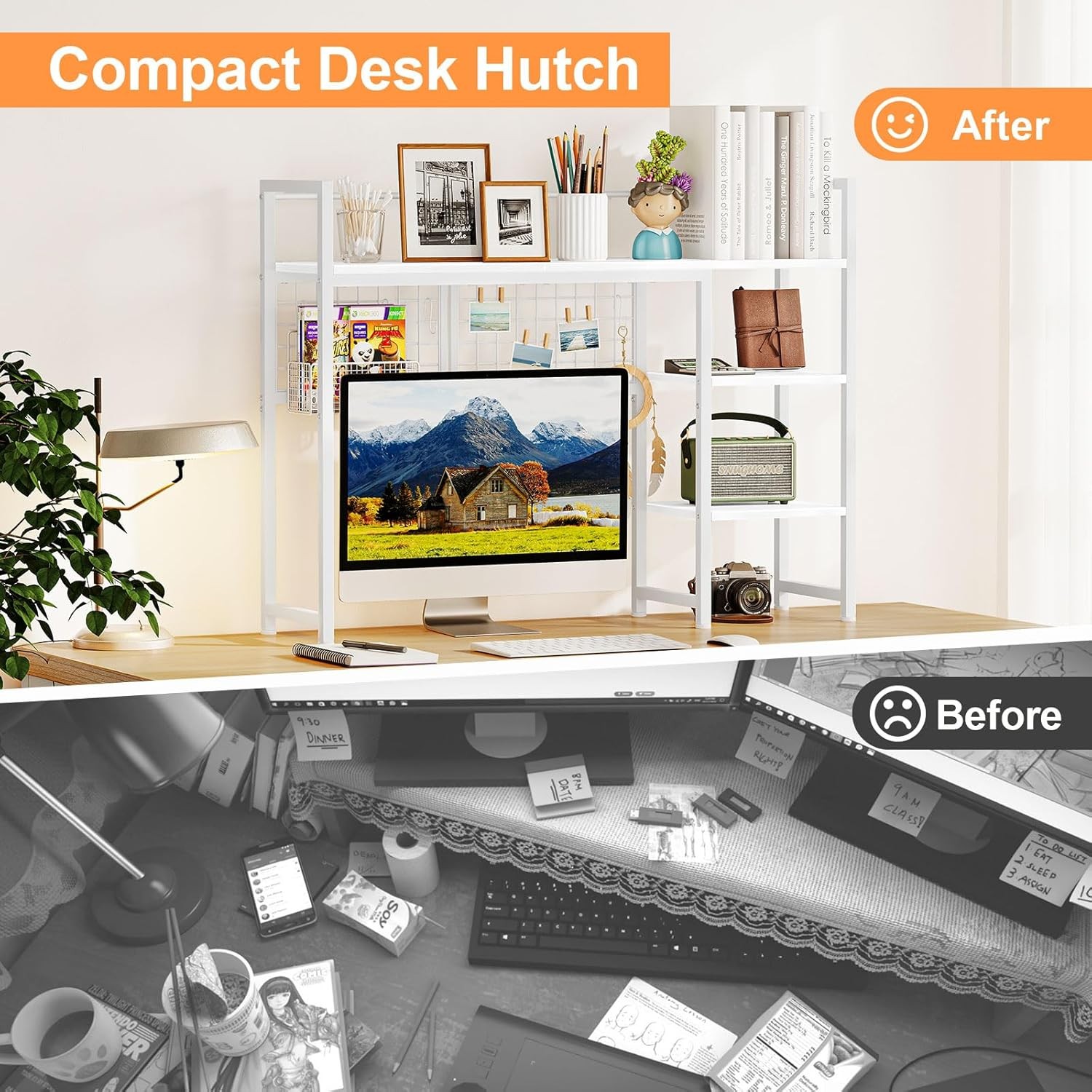 Desktop organizer,38.6inch desktop storage rack,computer monitor organizer white