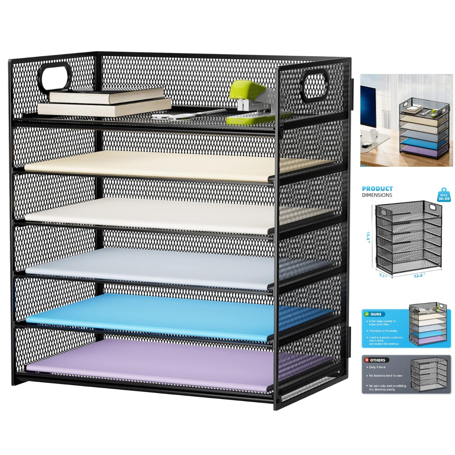 Space-Saving 6-Tier Desk Organizer – Lightweight Mesh File Holder with Handle