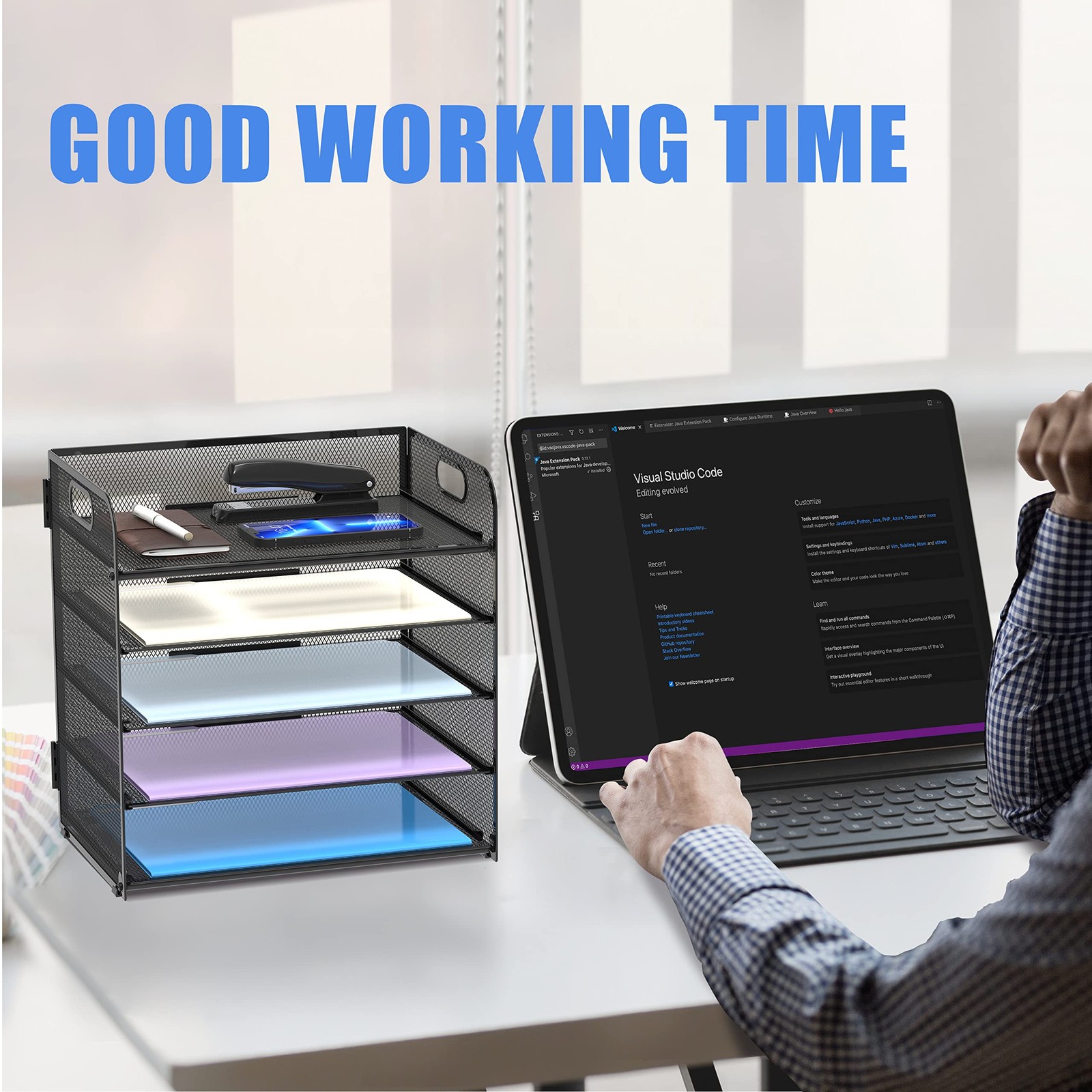 Mesh Desk File Organizer with Five Trays and Handle Paper Sorter for Office