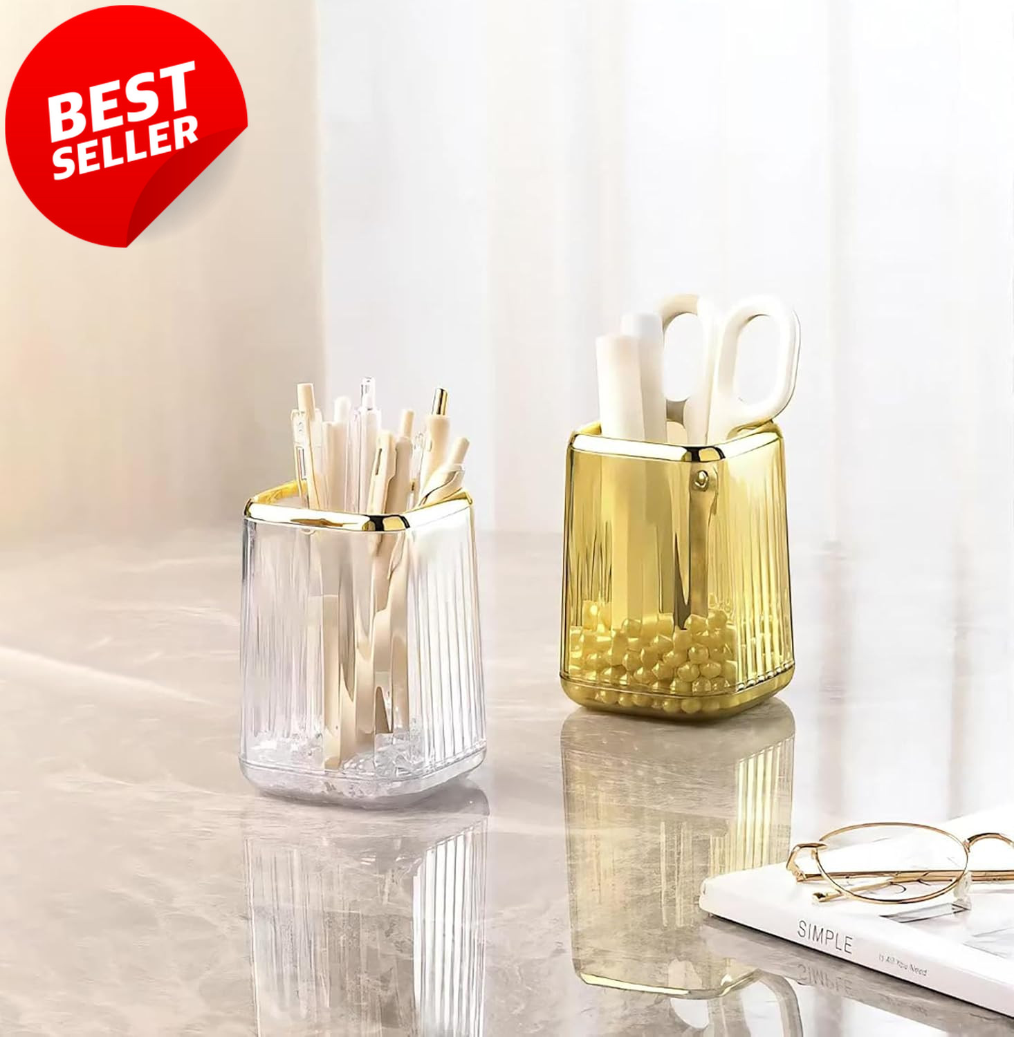 Acrylic Pen Holder Clear Green Striped Cup for Desk Brushes Vanity Bathroom – US