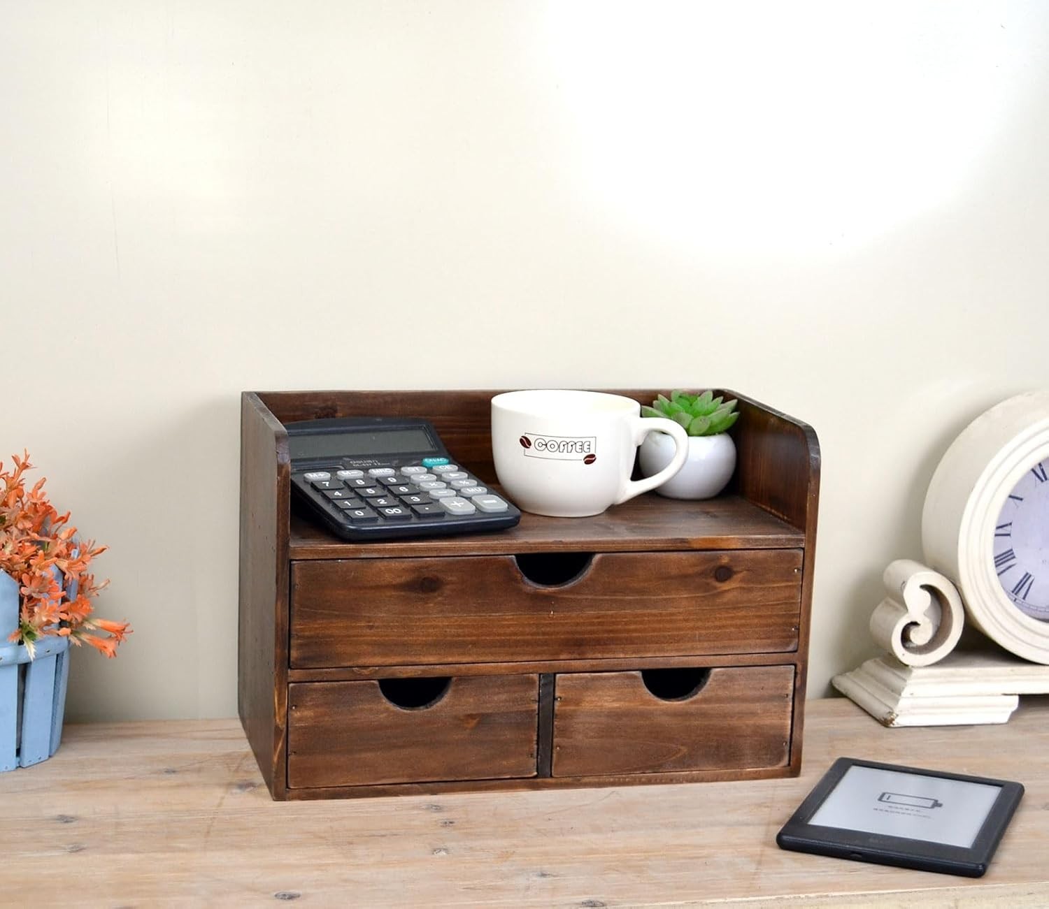 Wooden Desk Organizer 3 Drawers Shelf Rustic Brown