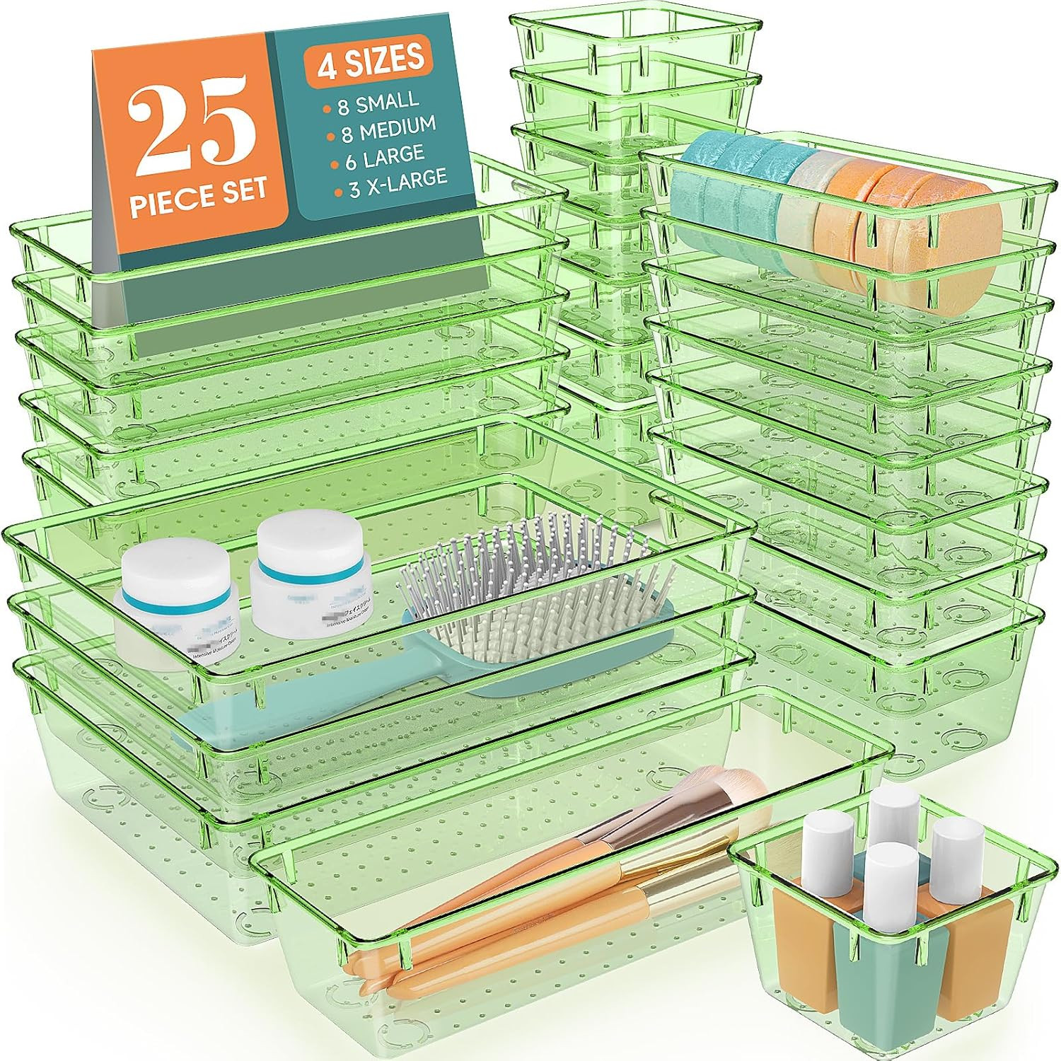 Plastic Drawer Organizer Set 25 Pcs Clear Green 4 Sizes Storage Bins