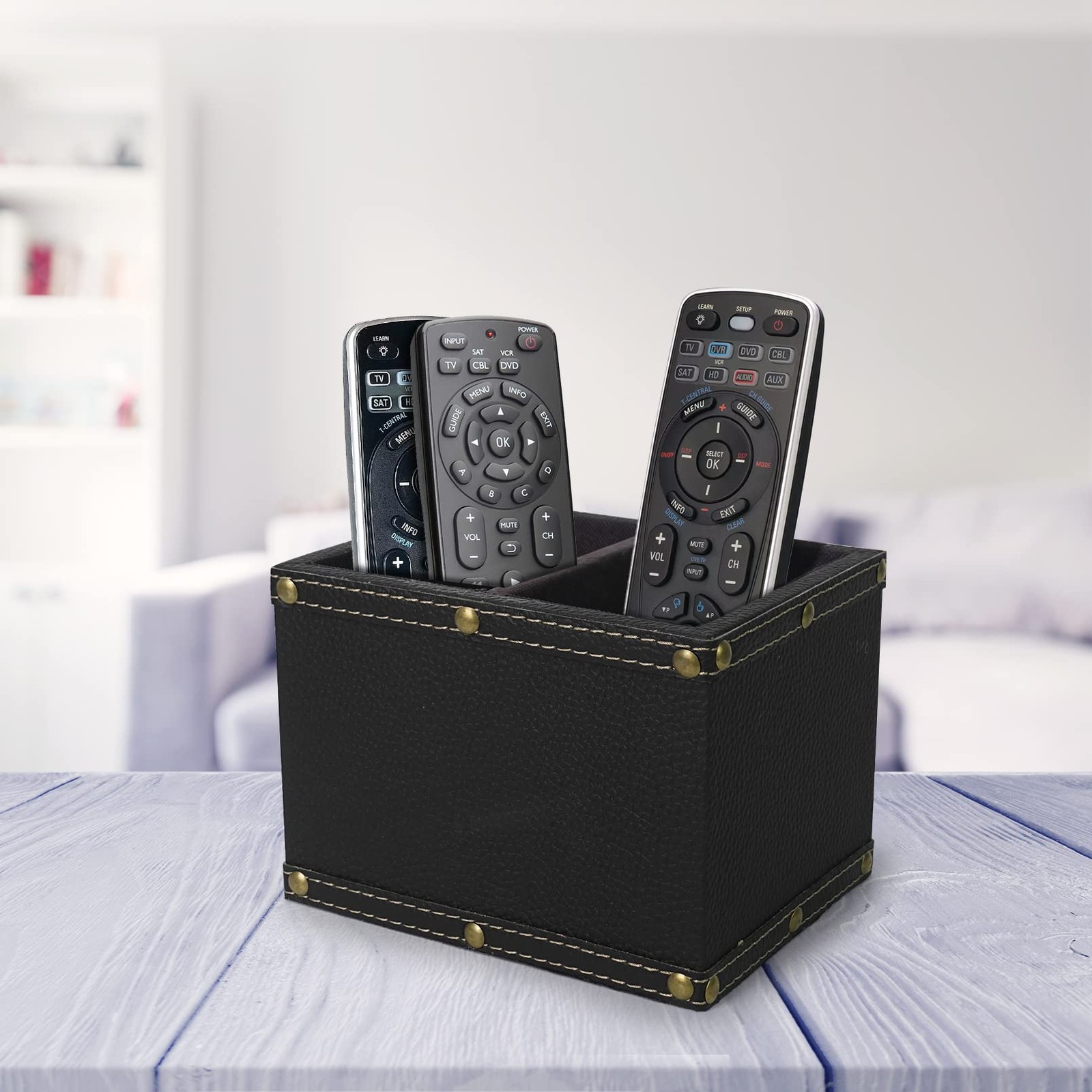 2 Slots Wood Remote Control Holder Storage Box Black