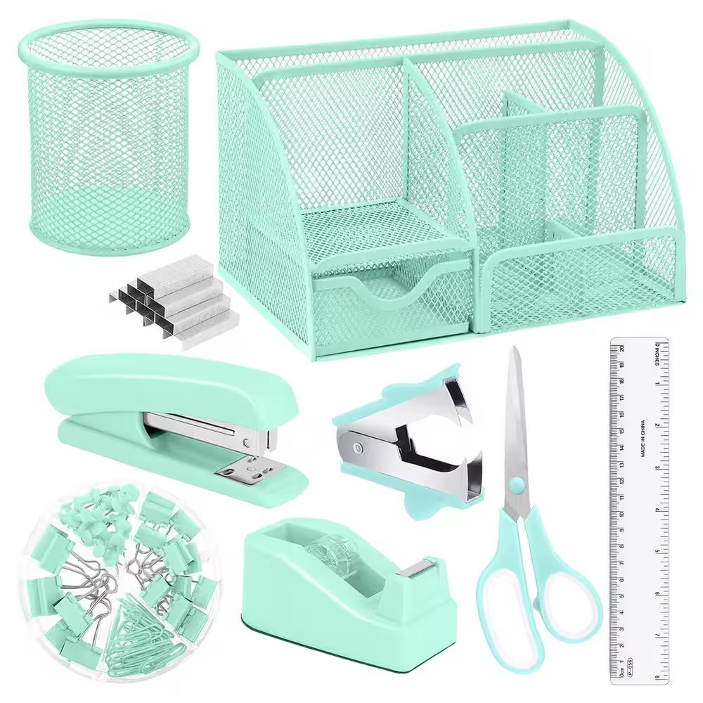 1 Set Green Mesh Desk Organizer with Drawer Teal Office Supply Kit Pen Holder St