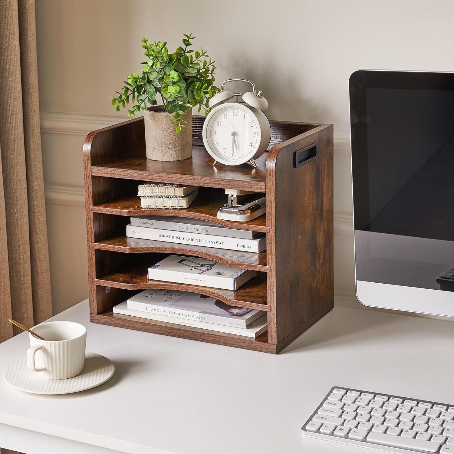 Rustic Brown Adjustable Paper Holder – 5 Tiers with Portable Handle for Offices