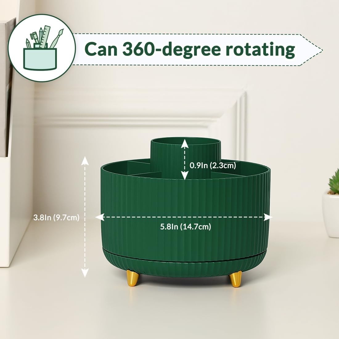 Dark Green 5-Compartment Rotating Desk Organizer for Office & Art Supplies