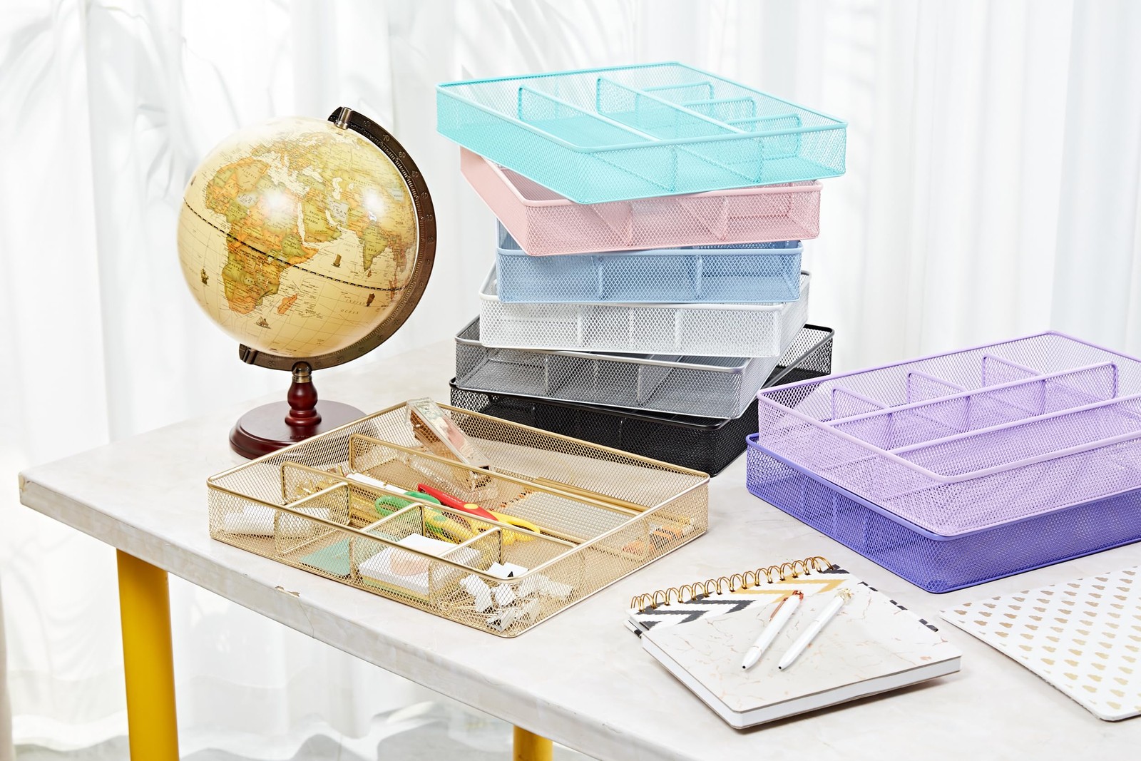 Desk Top Organizer Tray Metal Mesh Storage Dividers Large Turquoise Office