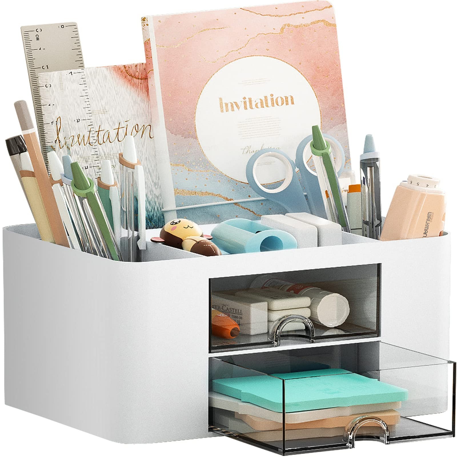 Desk Organizer with 2 Drawer 5 Compartments Pen Holder Office Supplies Storage