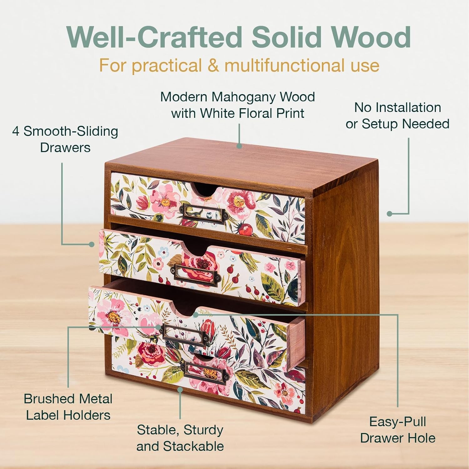 4-Drawer Vintage Desk Organizer in Floral Vibrant Botanical Flower on White