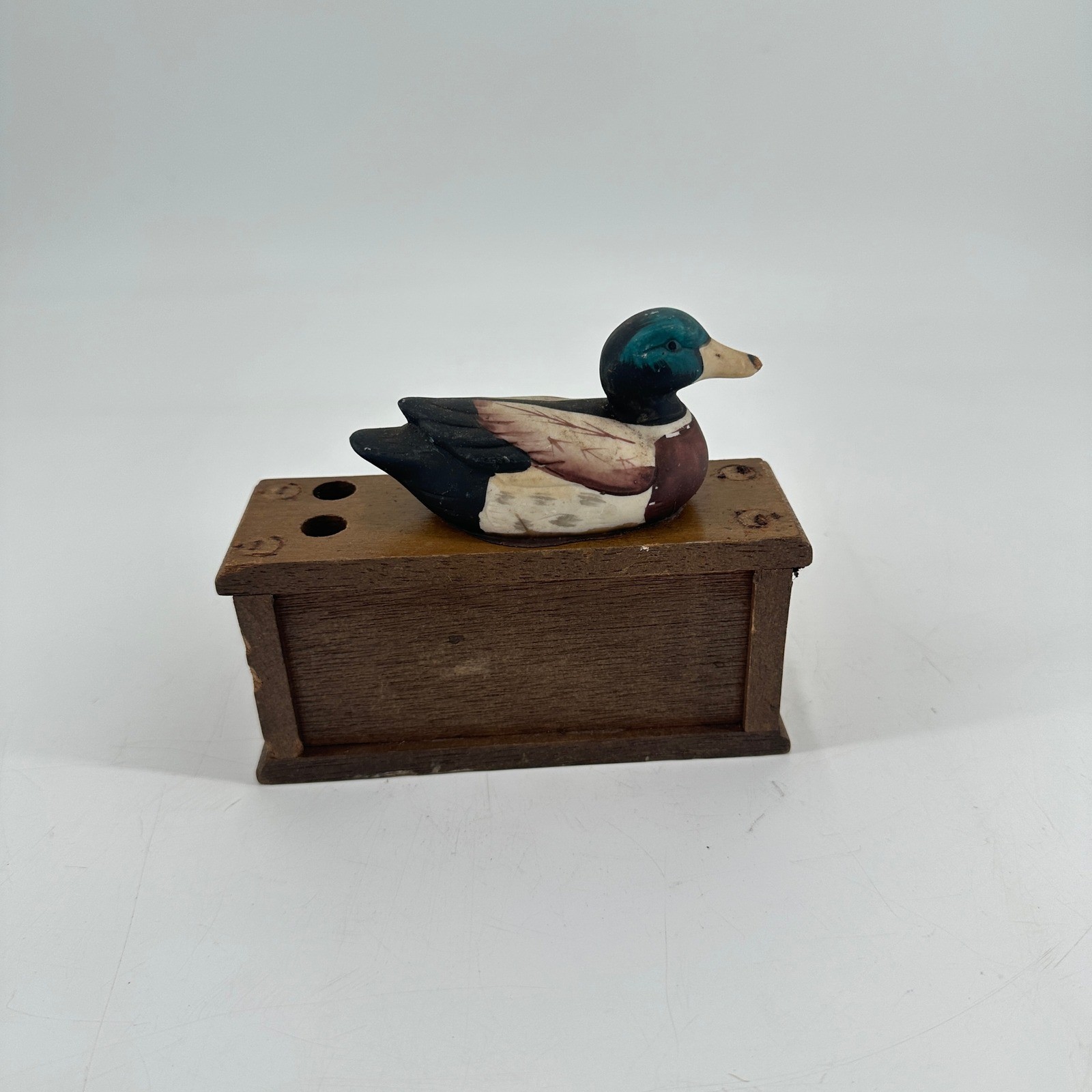 Vintage Wooden Mallard Duck Desk Organizer Pen Holder Sticky Note Caddy Rustic