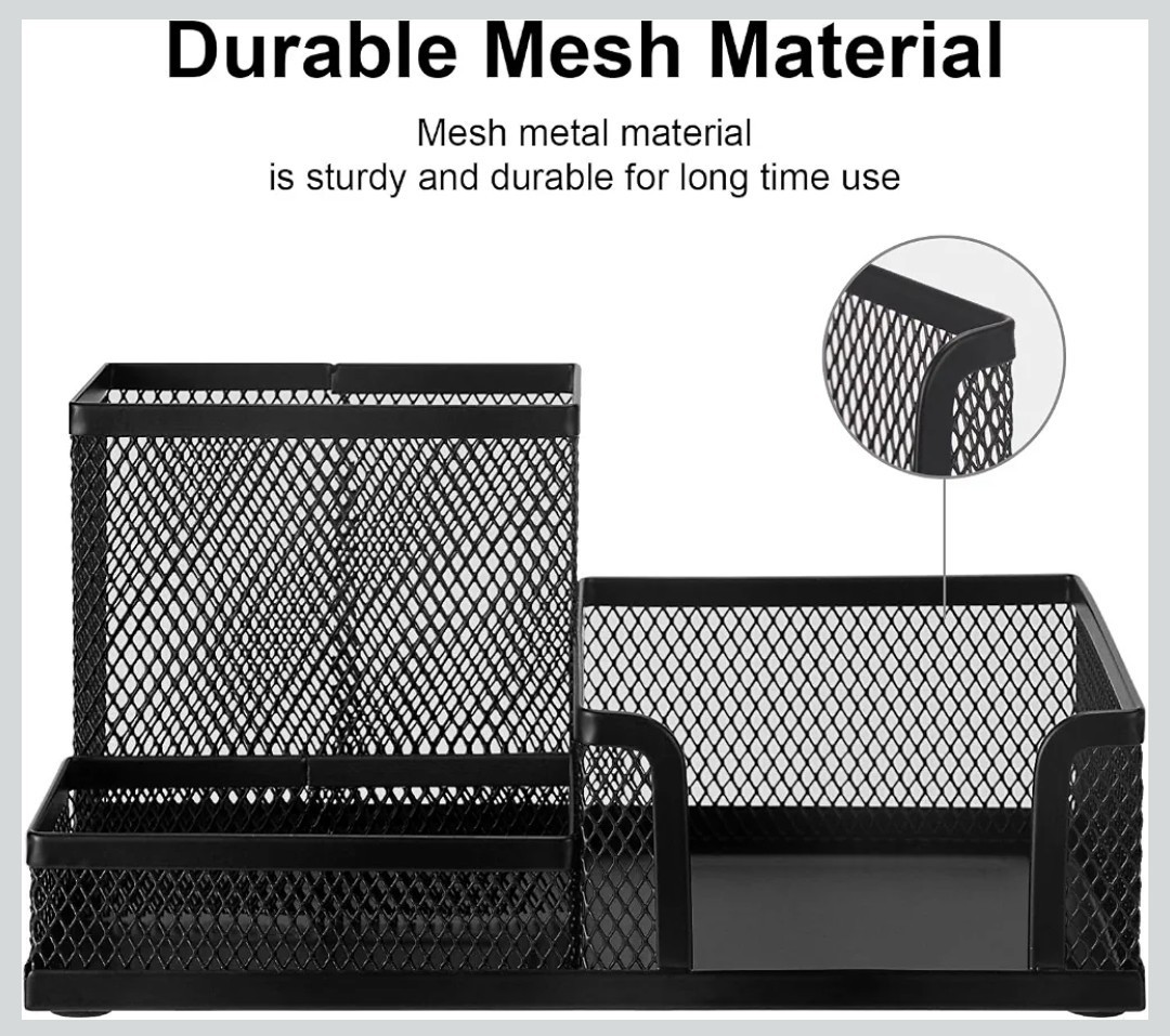 Black Mesh Metal Desktop Organizer, 3-Compartment Desk Pen/Pencil Holder