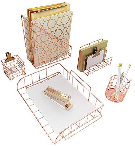 Rose Gold Desk Organizer – 5 Piece Desk Accessories Set – Stationery Décor