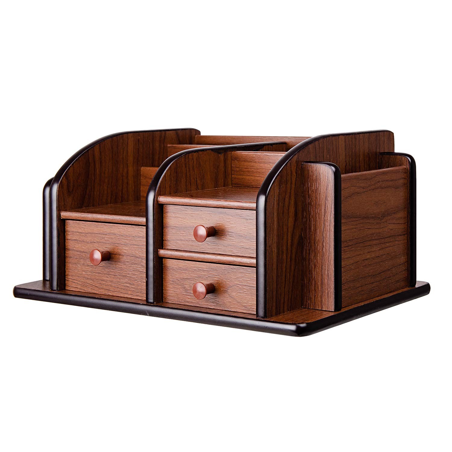 Liry Products Brown Wooden Desk Organizer Multiple Compartments 3 Drawers Slots