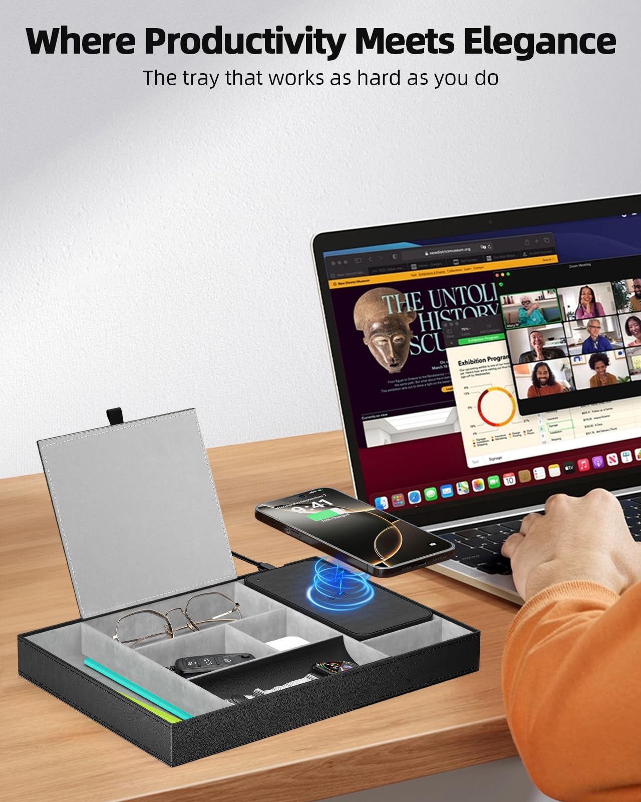 Valet Tray with Wireless Charger, Nightstand Organizer, Leather Desk Drawer O…