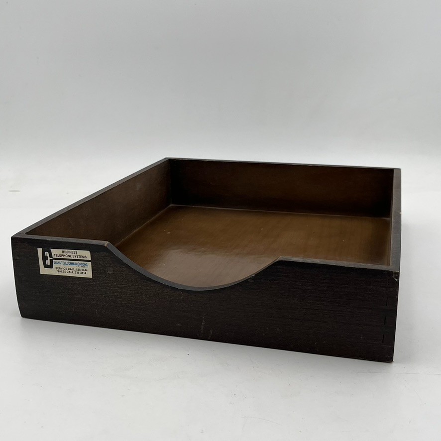 Vintage MCM Desk Organizer Tray Walnut Wood Office In Out Box, 12.5″ x 10″
