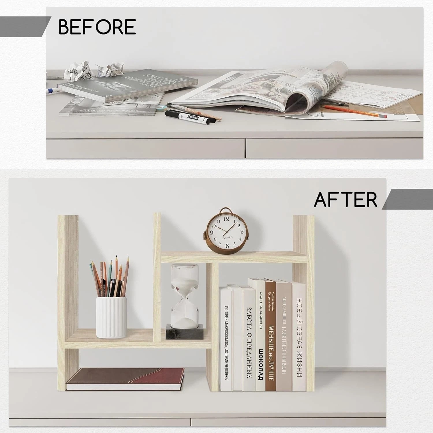Adjustable Desktop Organizer – Stylish White Wood Mini Bookshelf for Office