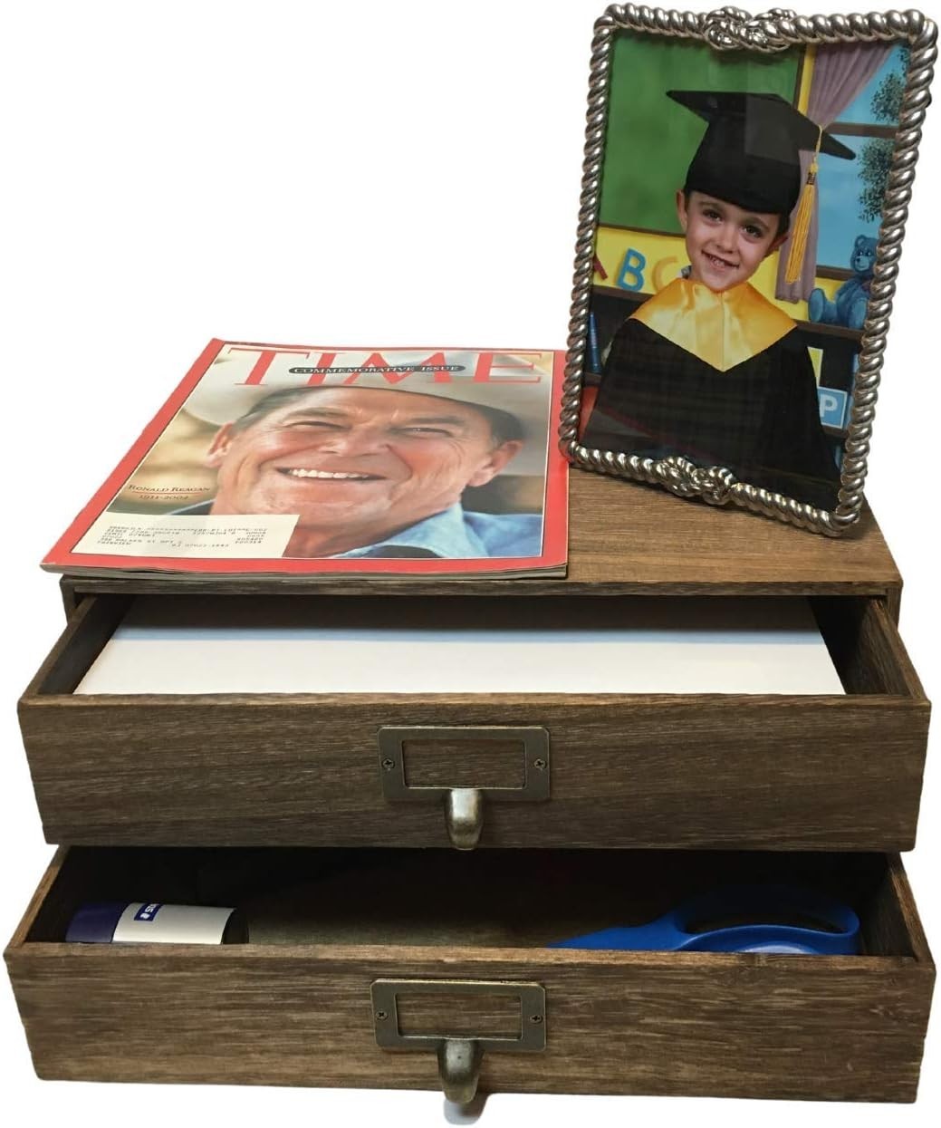 Walnut 2-Drawer Wooden Monitor Stand Office Desk Organizer