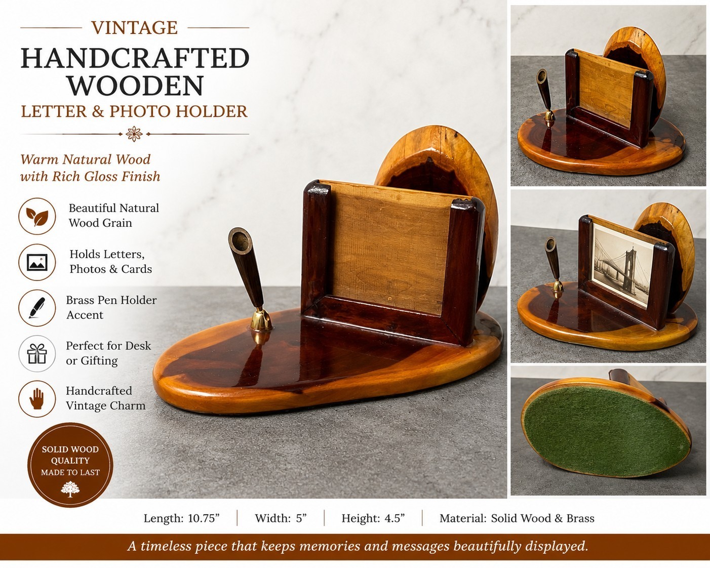 Vintage Wooden Desk Organizer Letter Holder Photo Frame Pen Holder Handmade MCM