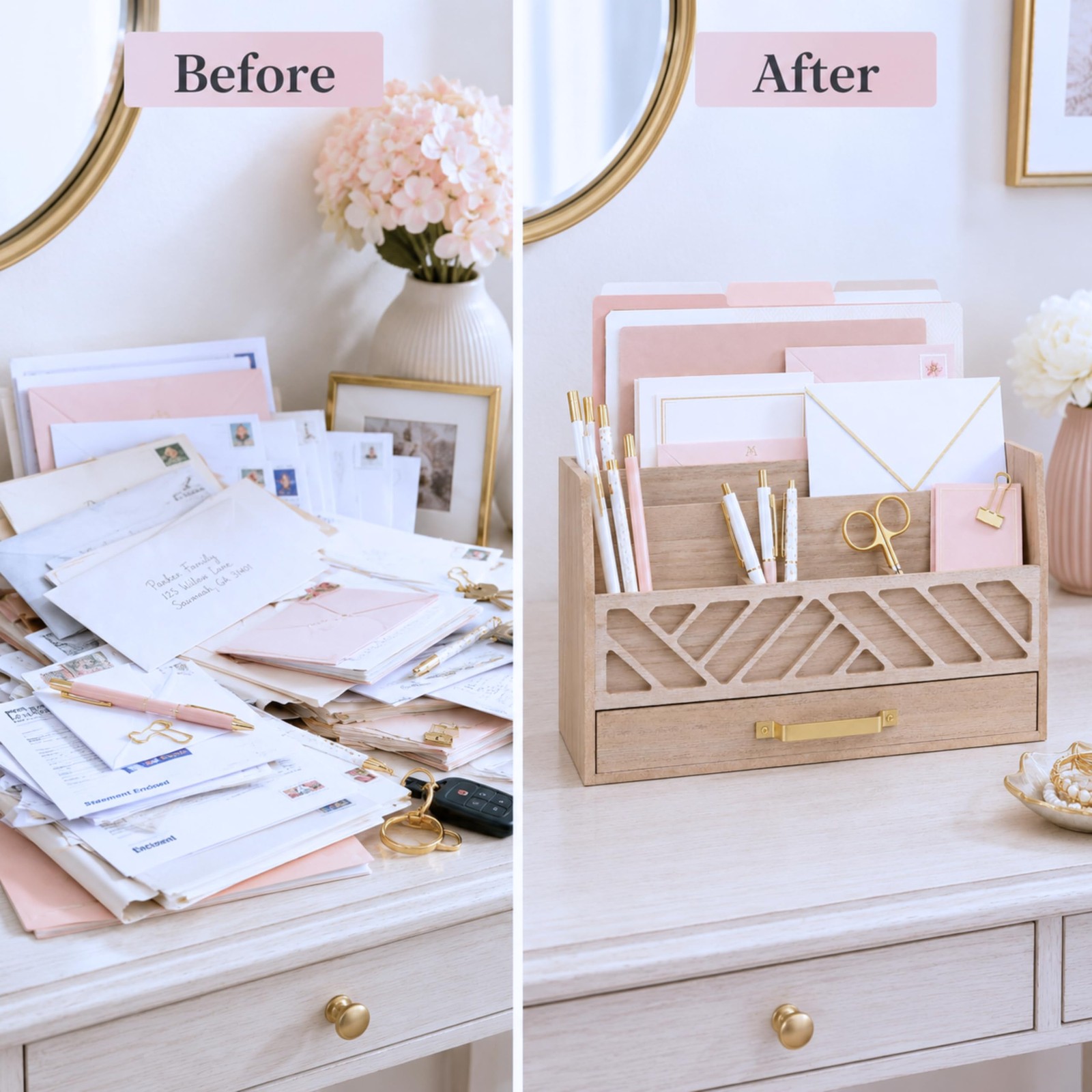 | Wooden Mail Organizer with Drawer and Gold Handle | Outgoing Mail Holder an…