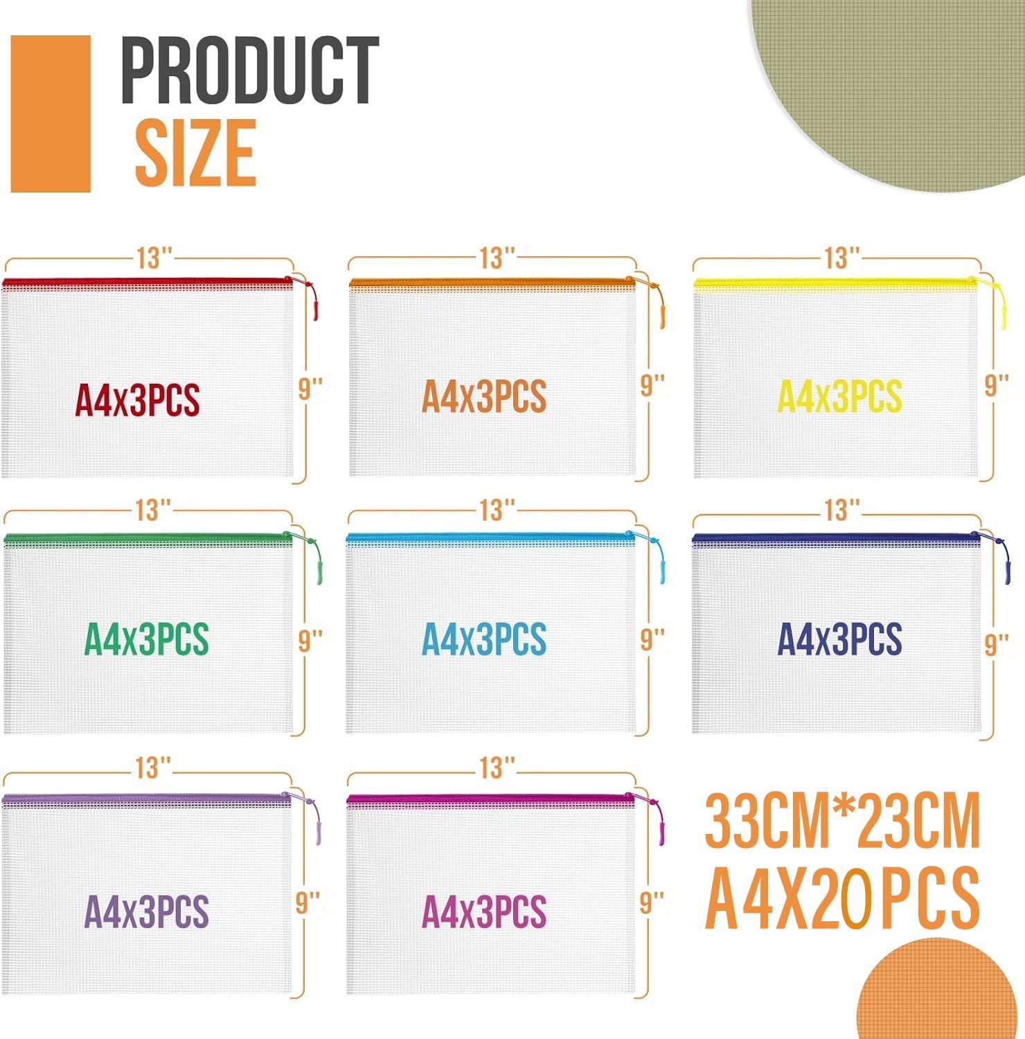 Mesh Zipper Pouch Bags A4 13×9 Inch Waterproof Travel Storage 8 Colors 20 PCS