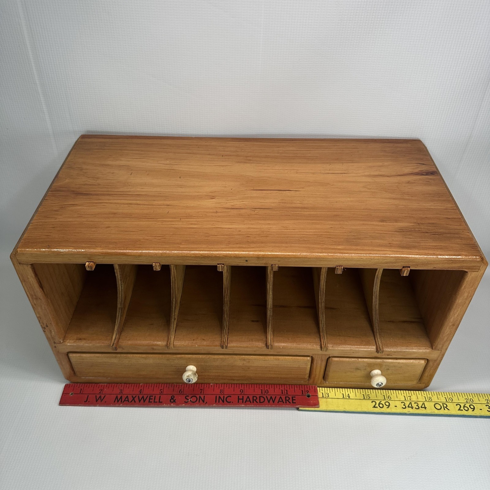 Handmade Wood Desktop Organizer Mail Sorter 6 Slot 2 Drawer Natural Wood Finish