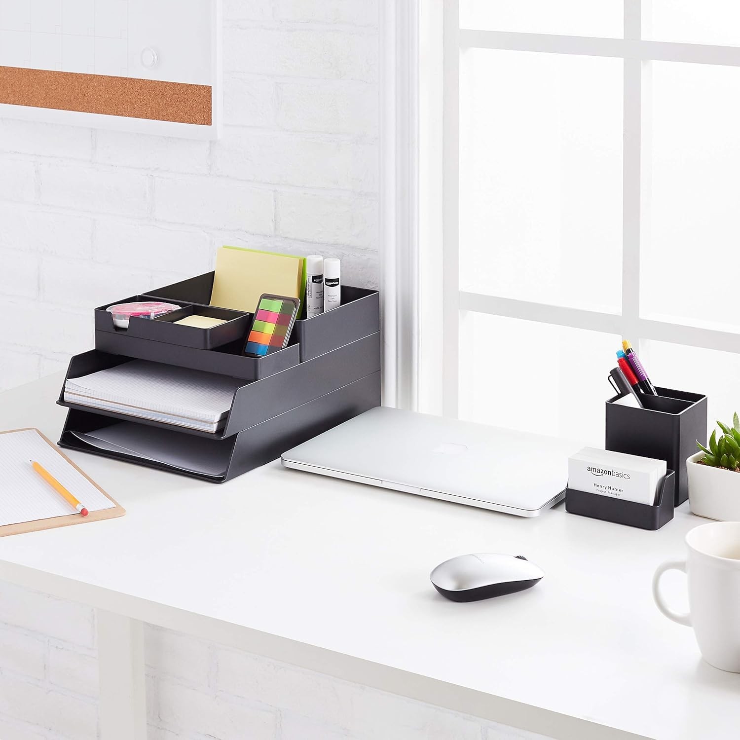 Amazon Basics Rectangular Plastic Desk Organizer Bundle, 3 Pieces with Black