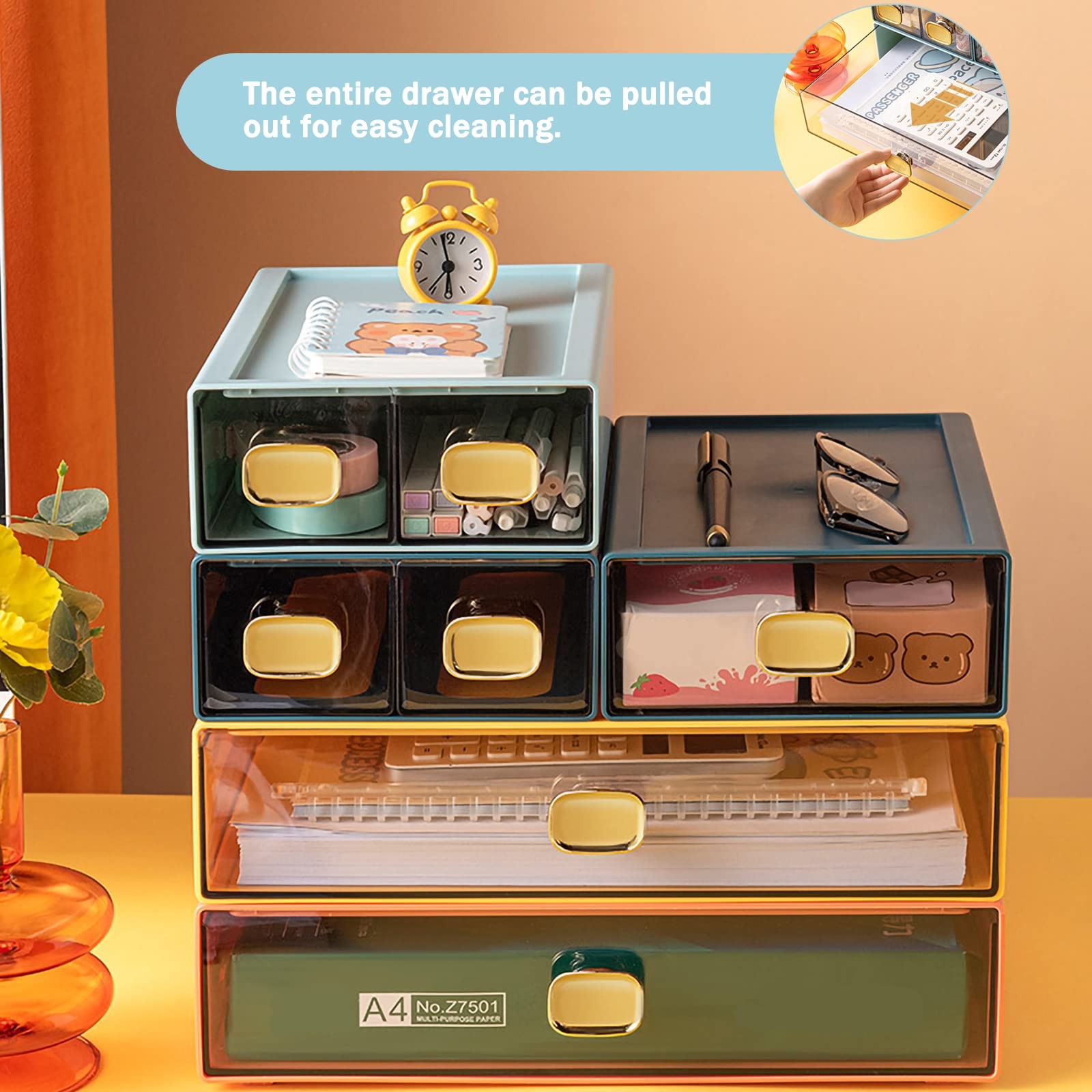 DETEIN 2PACK Stackable Desk Organizer Drawer 6.5″x9″x3″ M – 2 Drawer, Yellow