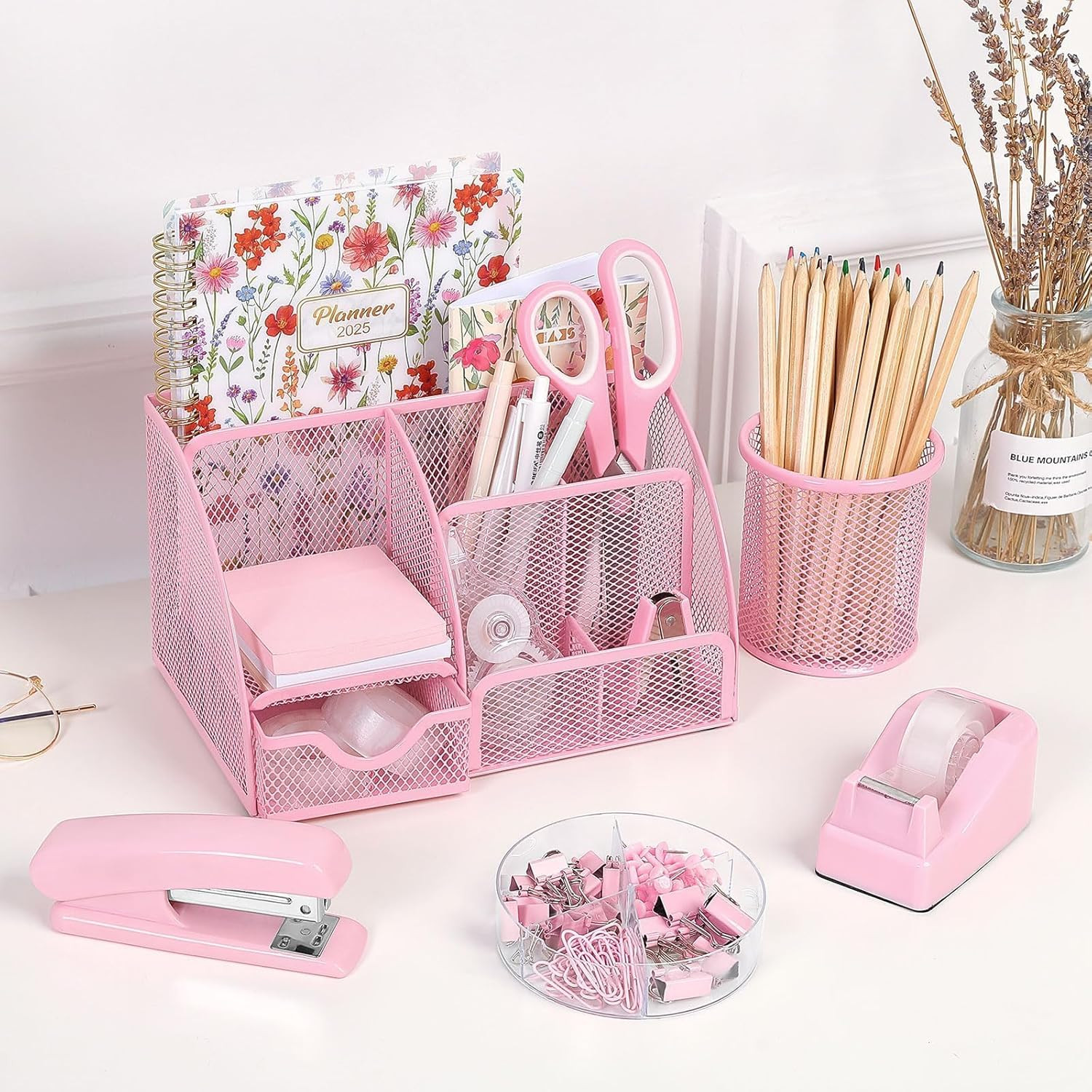 Pink Desk Accessories, Pink Office Supplies Set, Mesh Desk Organizer, Stapler, T