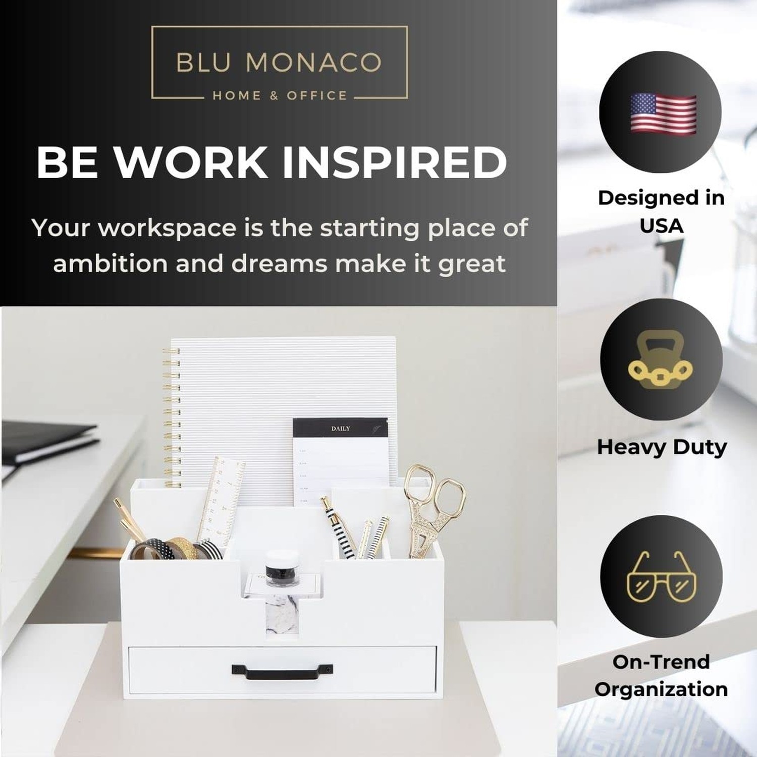BLU MONACO White Wood Desk Organizer with Drawer – Home Office Accessories fo…