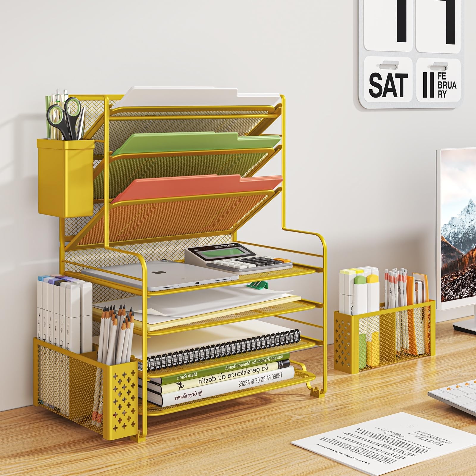 7 Tier Desk File Organizer, Gold Metal Mesh, 16.75″W x 8.75″D x 16.75″H – Space